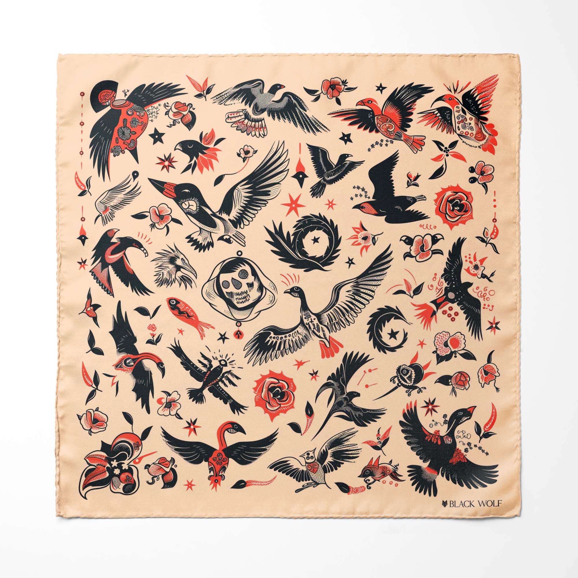 TATTOO FLASH BANDANA SILK SCARF WITH LAPEL PIN AND POCKET SQUARE