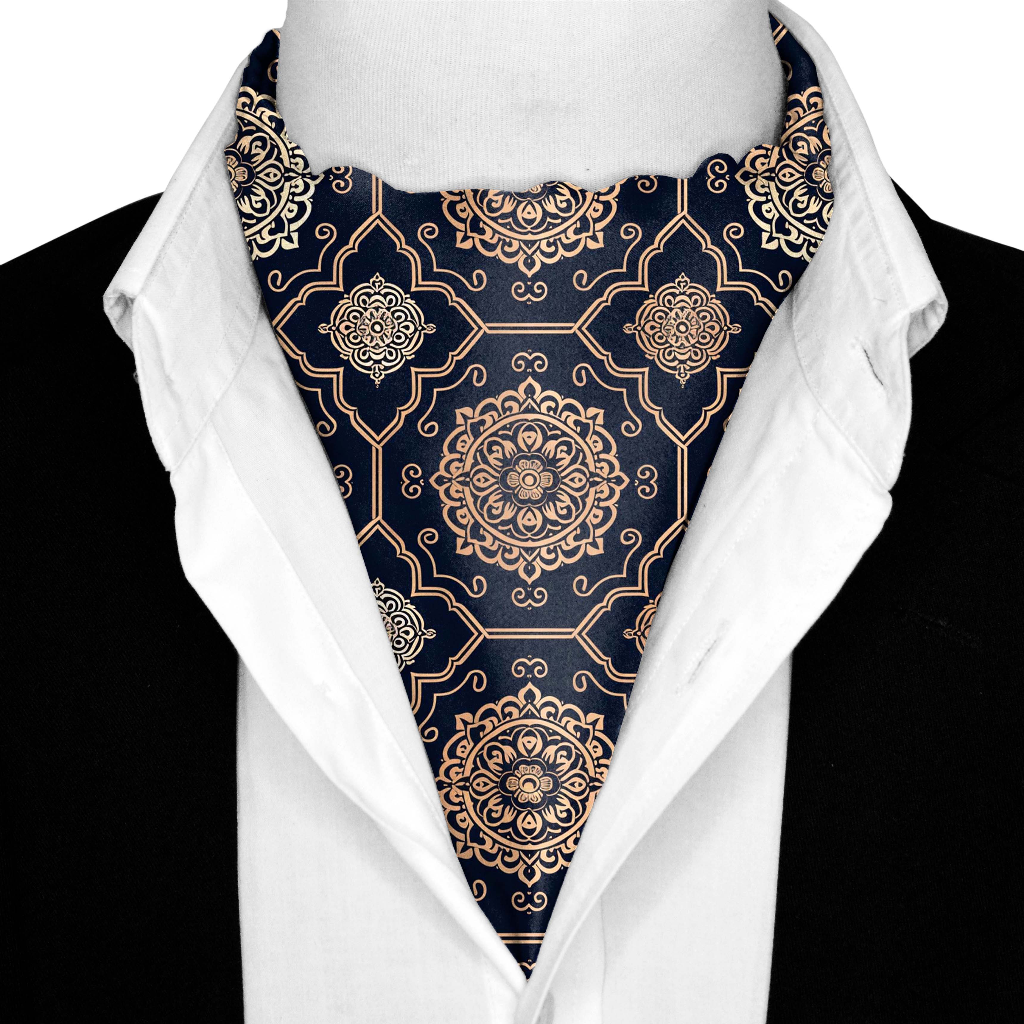LUXURY ROYAL PATTERN SILK ASCOT WITH LAPEL PIN AND POCKET SQUARE
