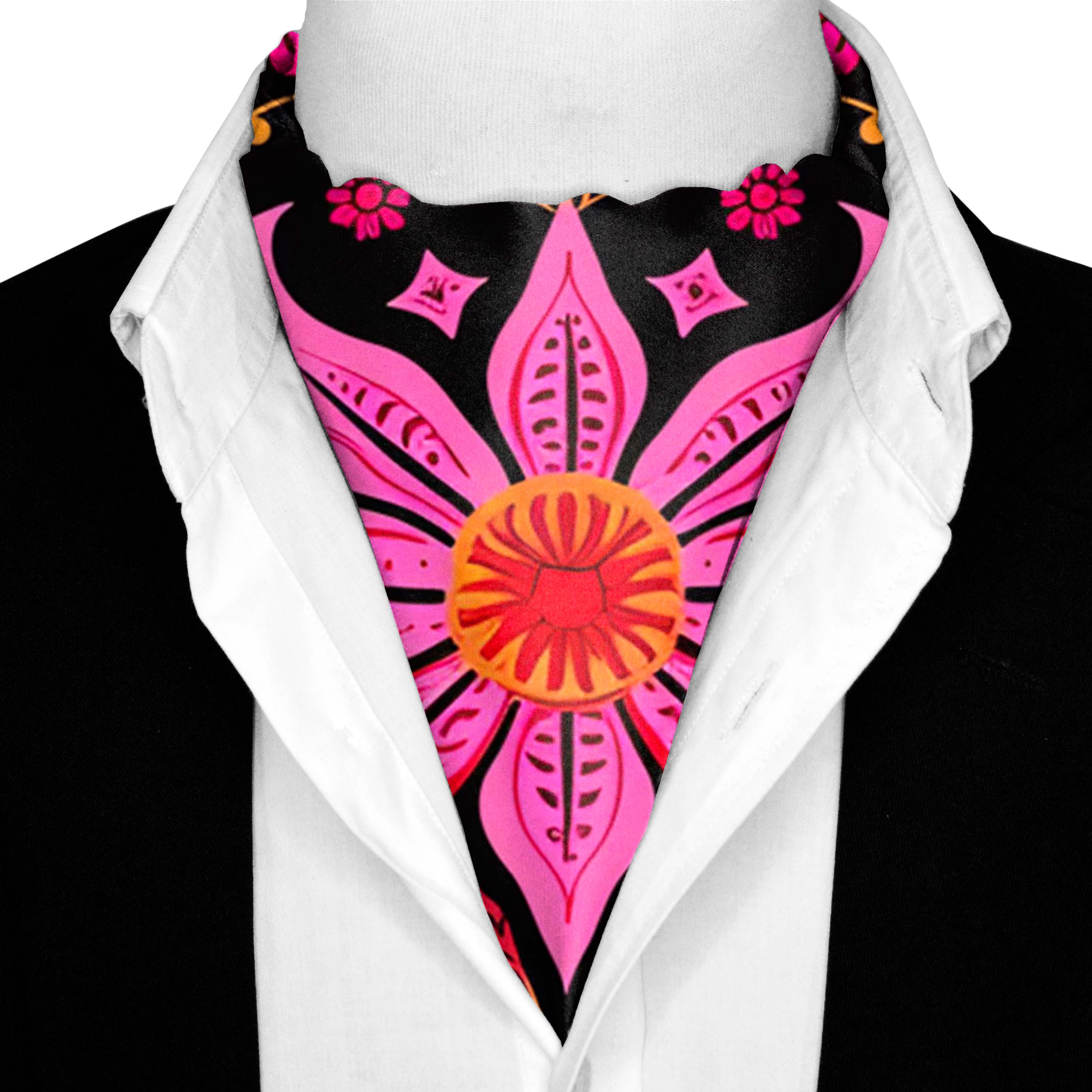 MEXICAN FLOWER SILK ASCOT WITH LAPEL PIN AND POCKET SQUARE