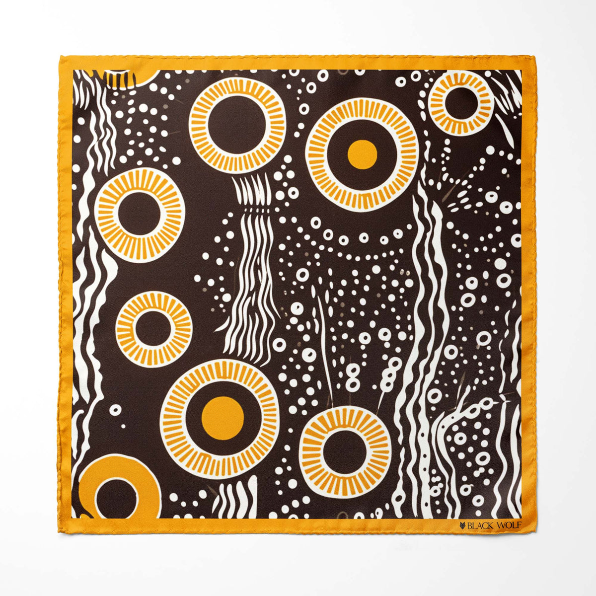 AUSTRALIAN ABORIGINAL SILK ASCOT WITH LAPEL PIN AND POCKET SQUARE