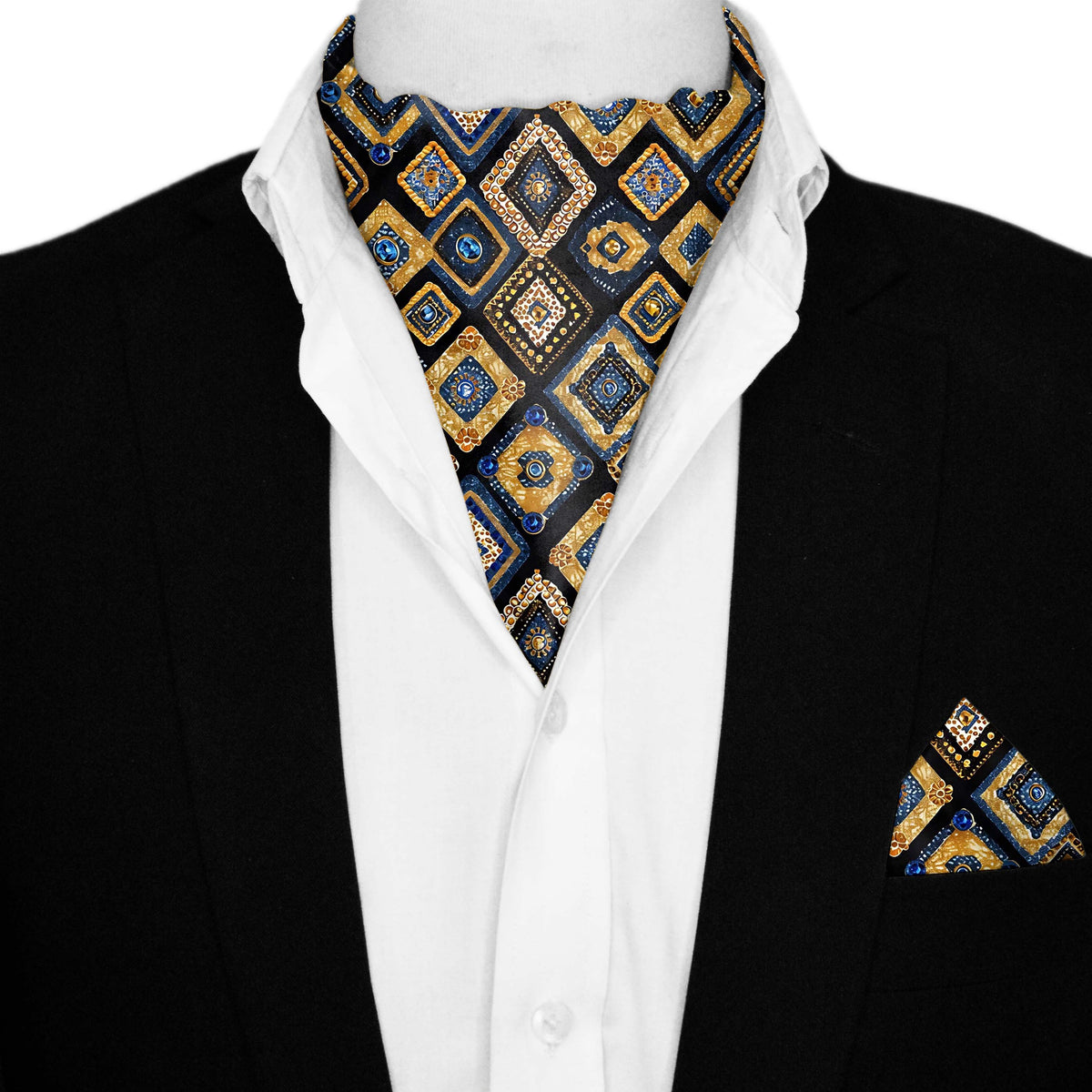 GEOMETRIC ETHNIC SILK ASCOT AND POCKET SQUARE SET – PREMIUM COLLECTION