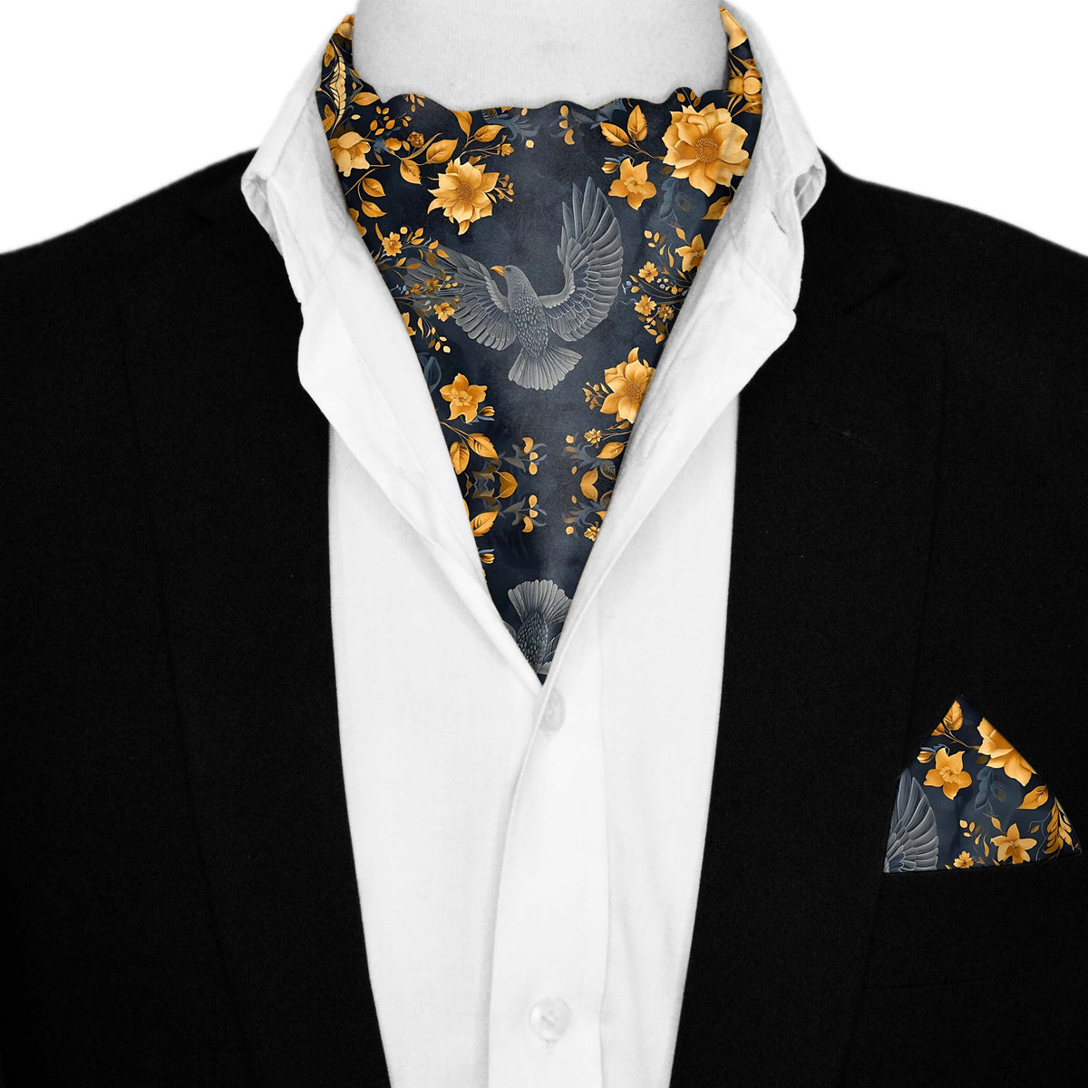 GOLD HUMMING BIRDS SILK ASCOT AND POCKET SQUARE SET – PREMIUM COLLECTION