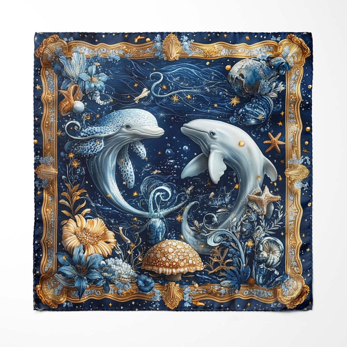 TWO DOLPHINS SILK POCKET SQUARE