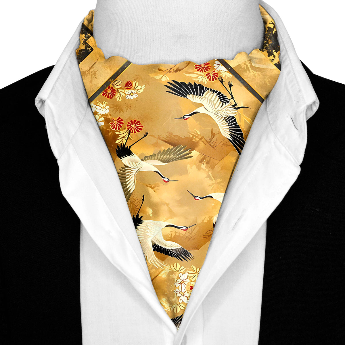 CRANE BIRDS SILK ASCOT WITH LAPEL PIN AND POCKET SQUARE