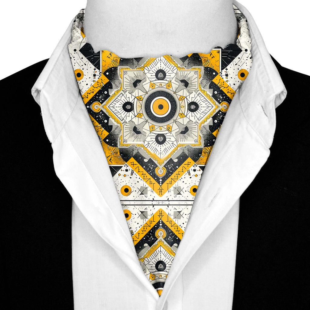 ETHNIC ABSTRACT SILK ASCOT WITH LAPEL PIN AND POCKET SQUARE