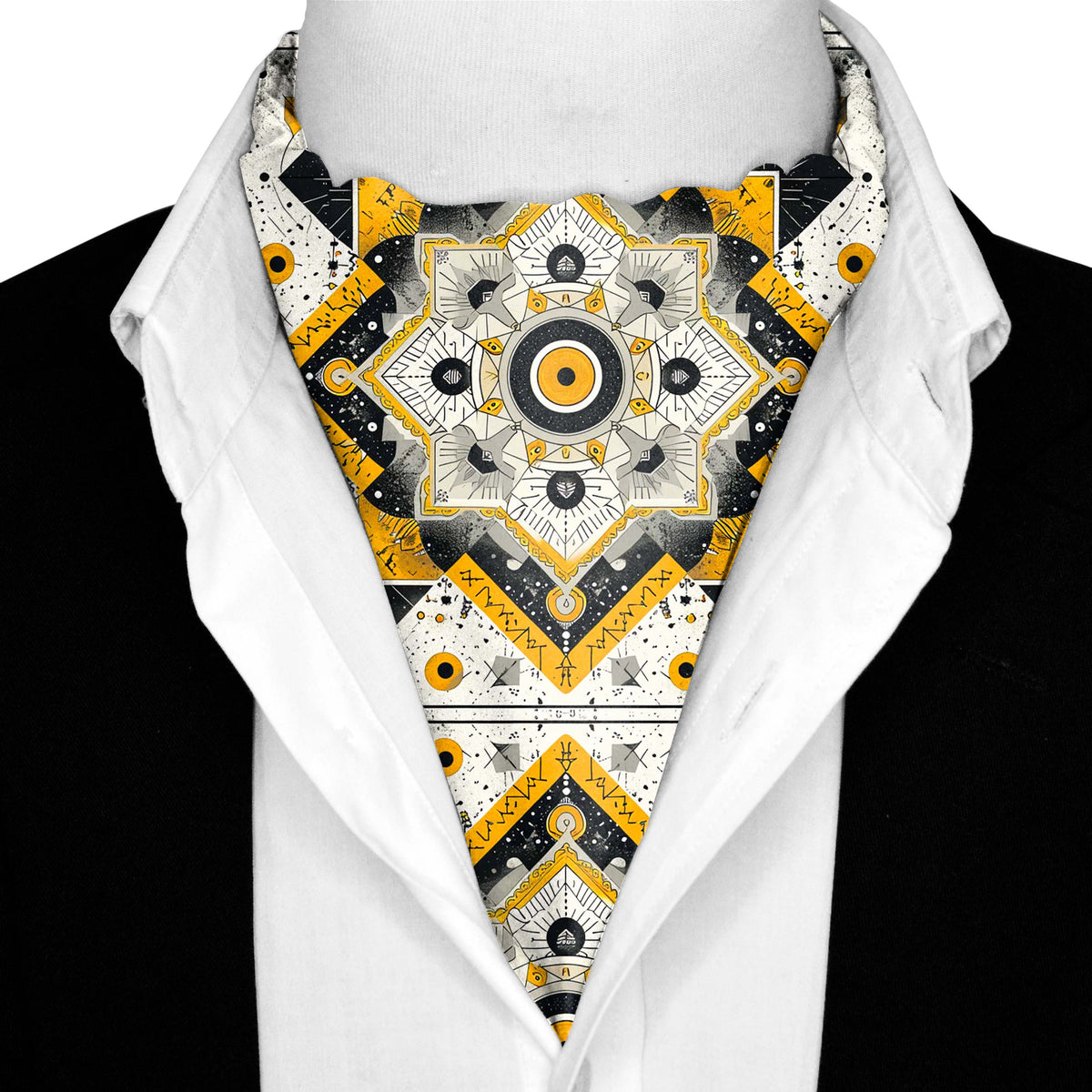 ETHNIC ABSTRACT SILK ASCOT WITH LAPEL PIN AND POCKET SQUARE