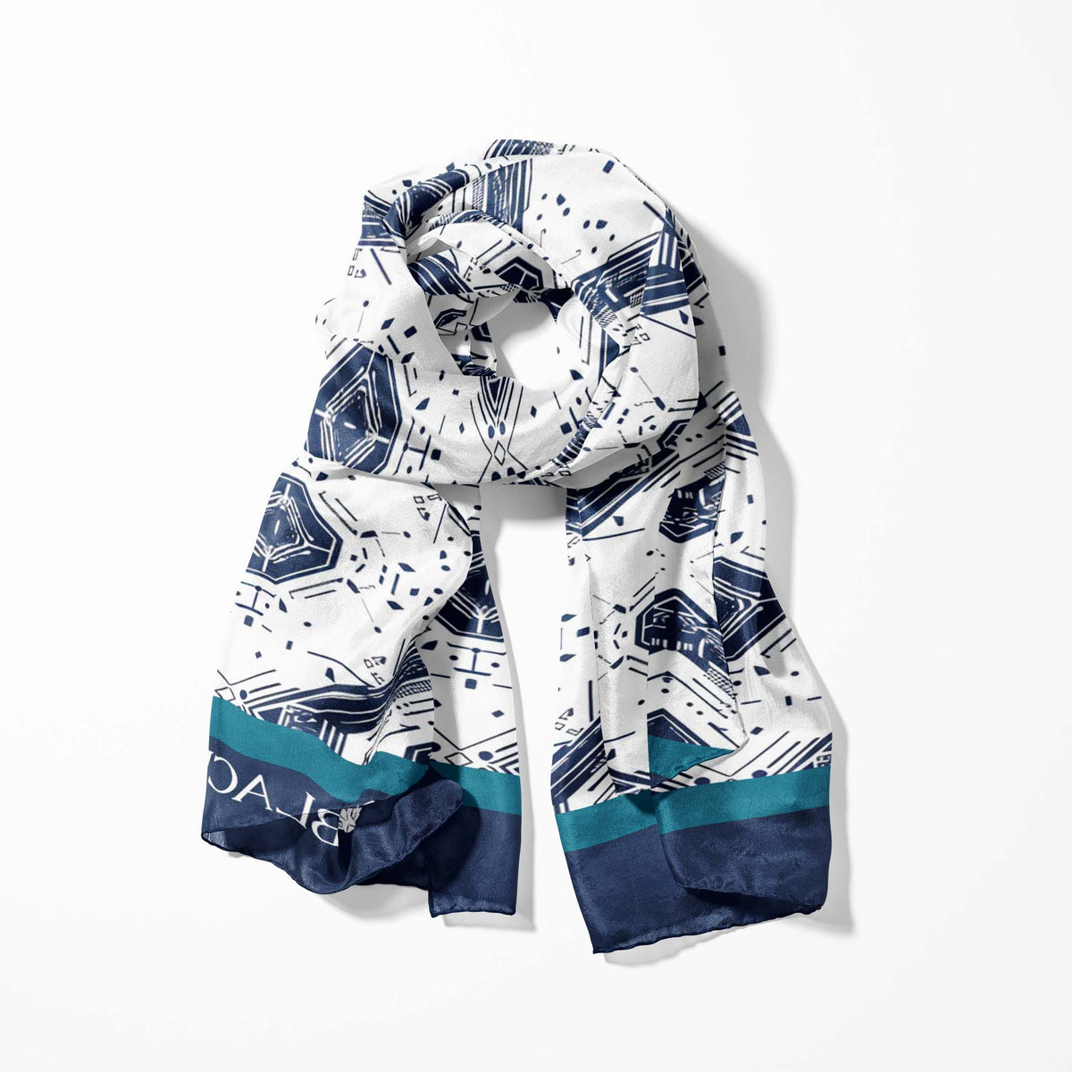 GEOMETRIC ABSTRACT SILK SCARF WITH LAPEL PIN AND POCKET SQUARE