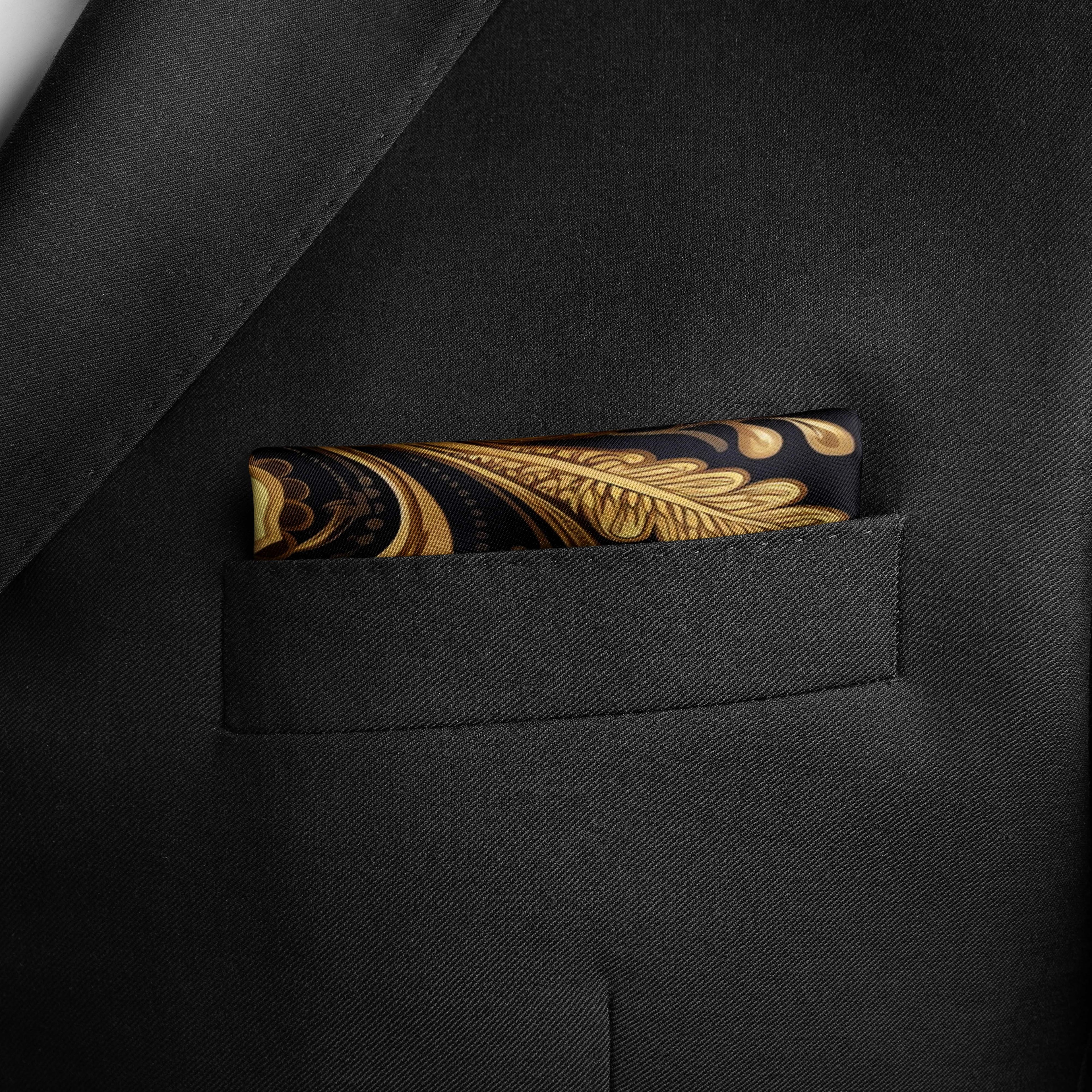 WILLIAM MORRISS GOLD AND BLACK SILK POCKET SQUARE