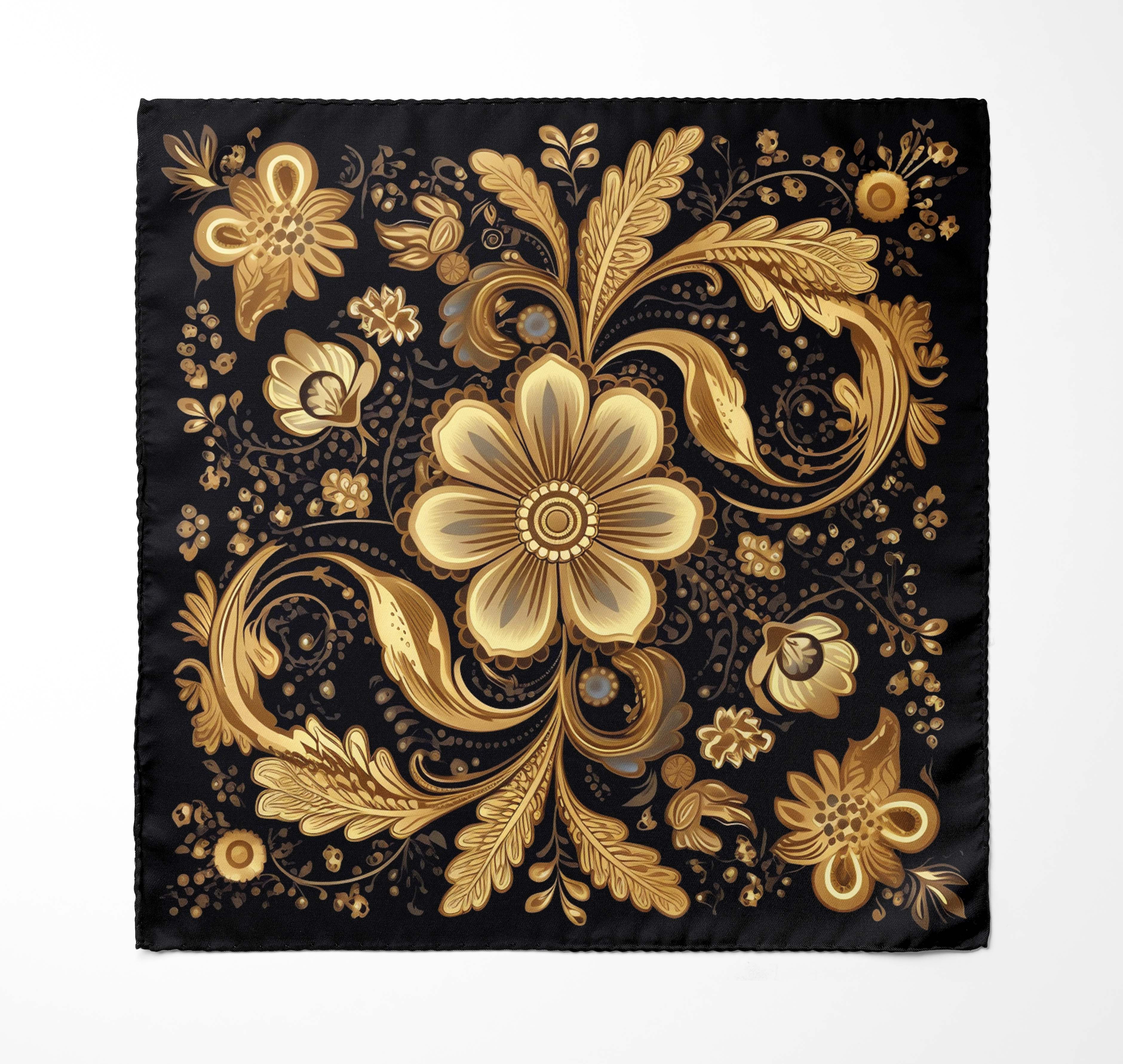 WILLIAM MORRISS GOLD AND BLACK SILK SCARF WITH LAPEL PIN AND POCKET SQUARE