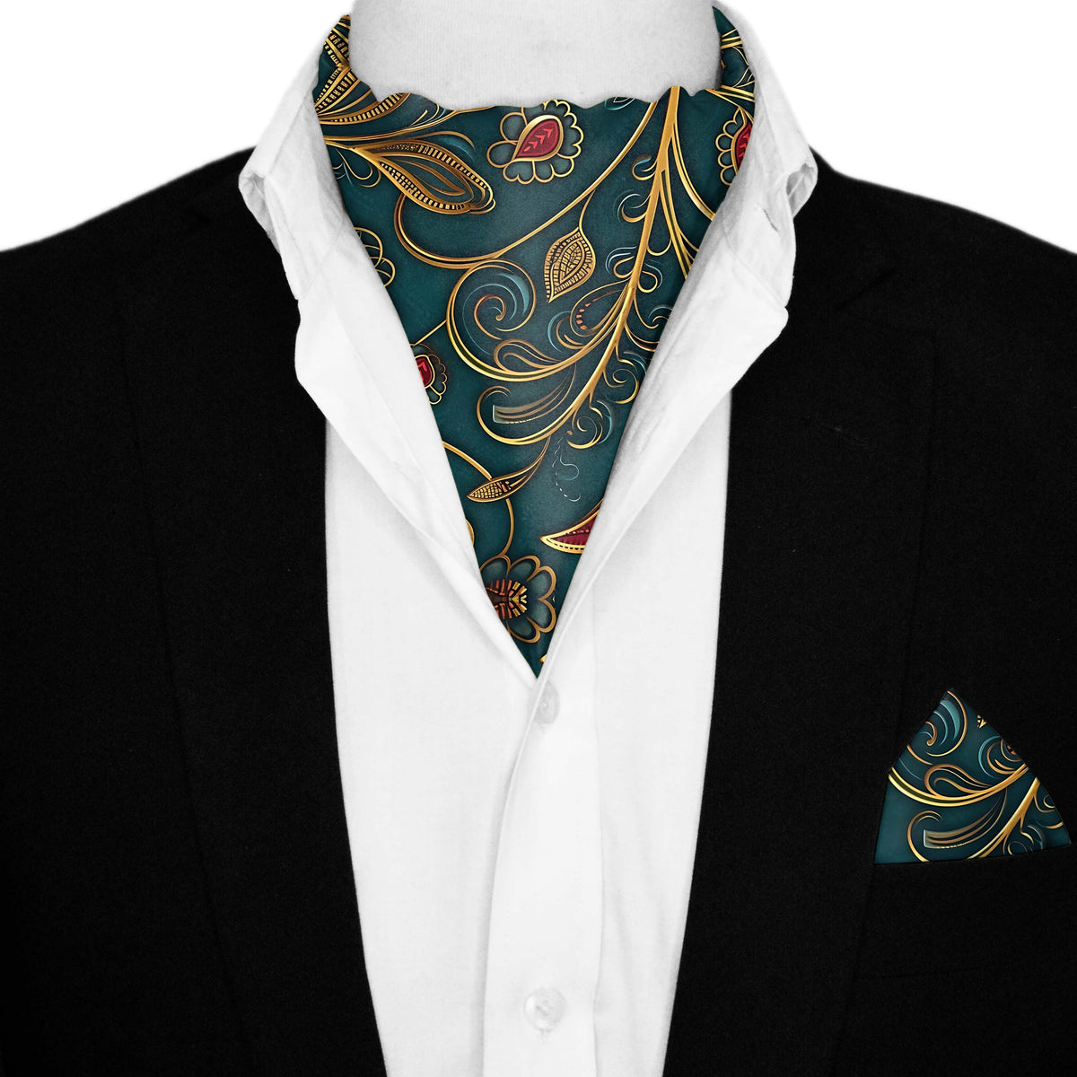 INTRICATE BOHEMIAN SILK ASCOT AND POCKET SQUARE SET – PREMIUM COLLECTION