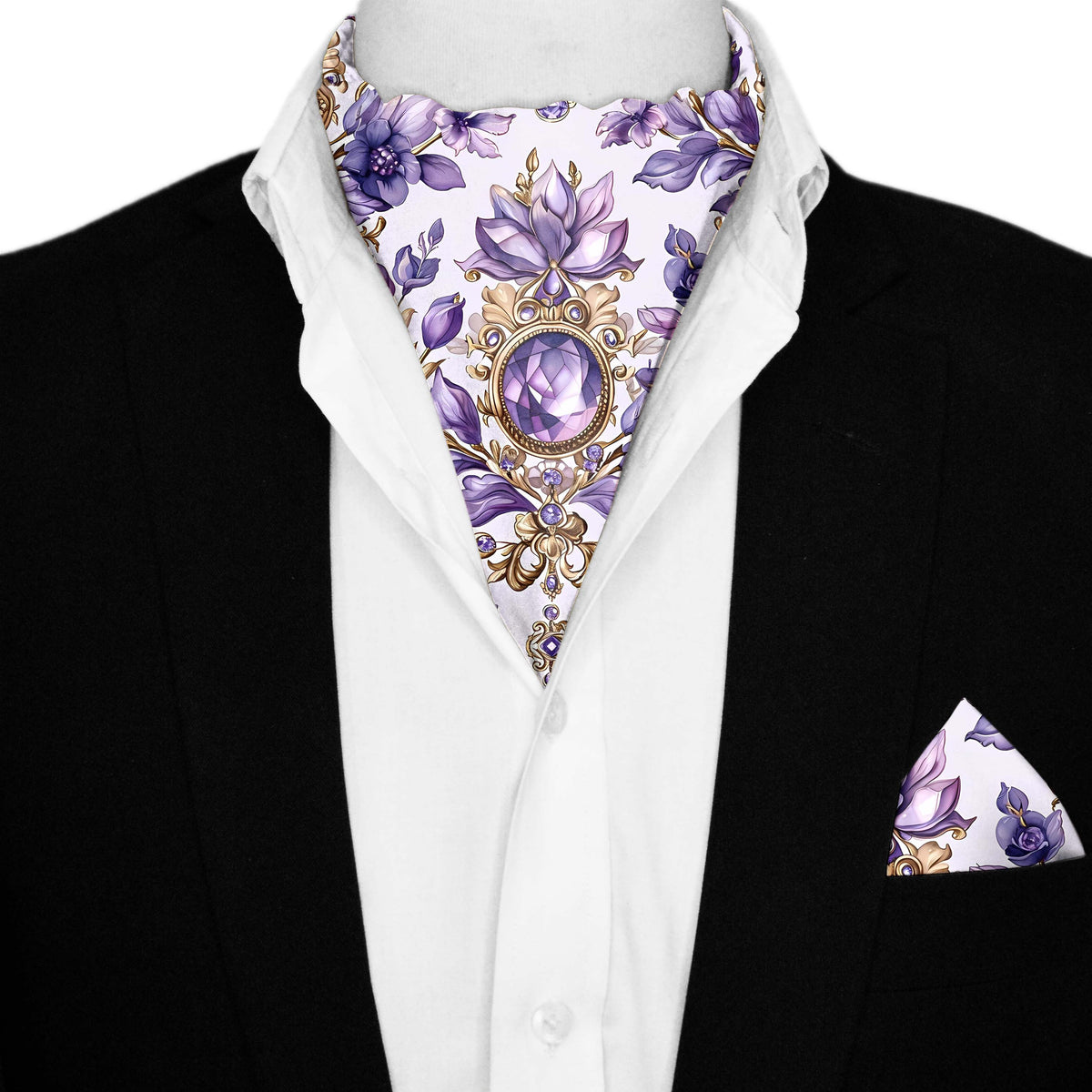 LISIANTHUS FLOWERS SILK ASCOT AND POCKET SQUARE SET – PREMIUM COLLECTION