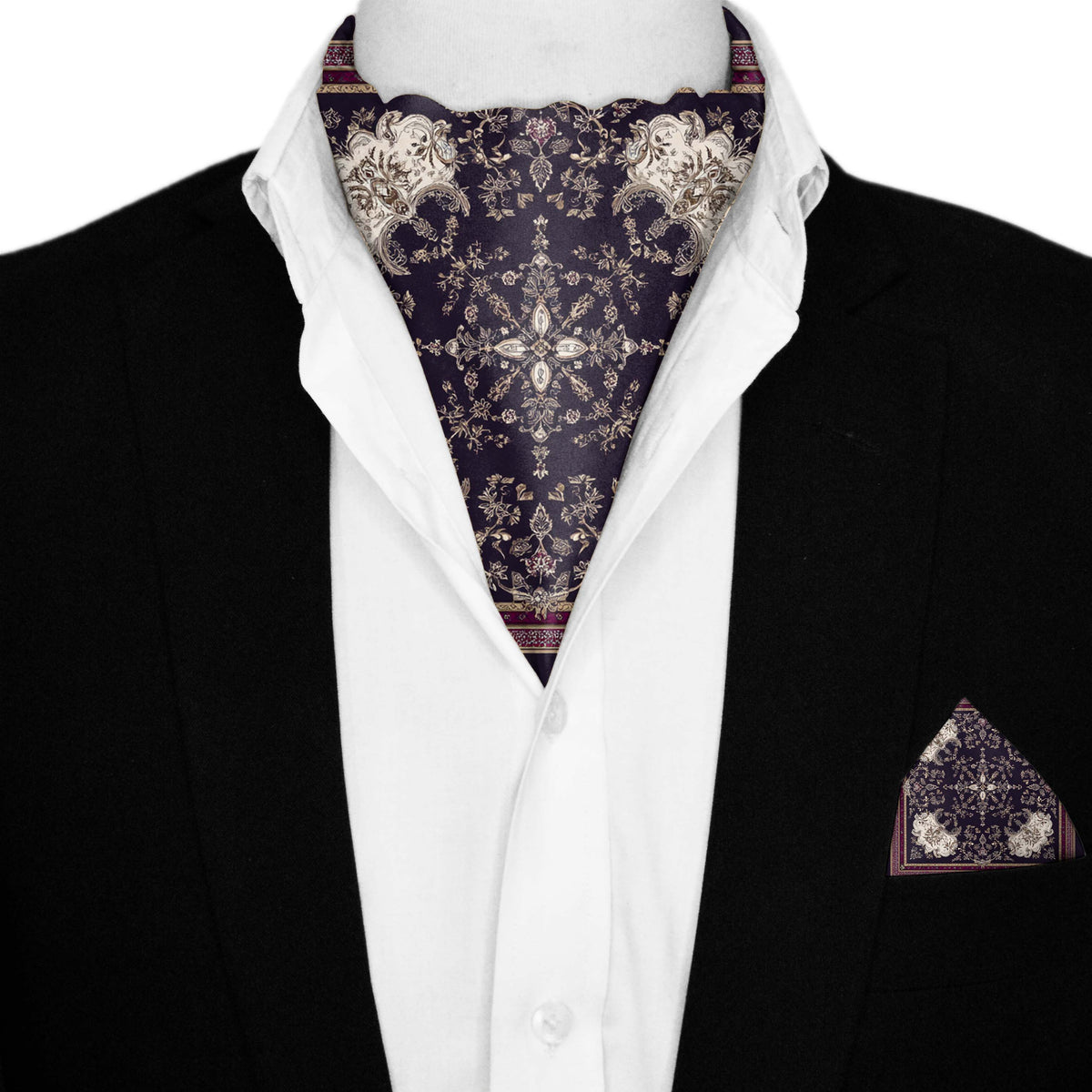 NOCTURNE SILK ASCOT AND POCKET SQUARE SET – PREMIUM COLLECTION