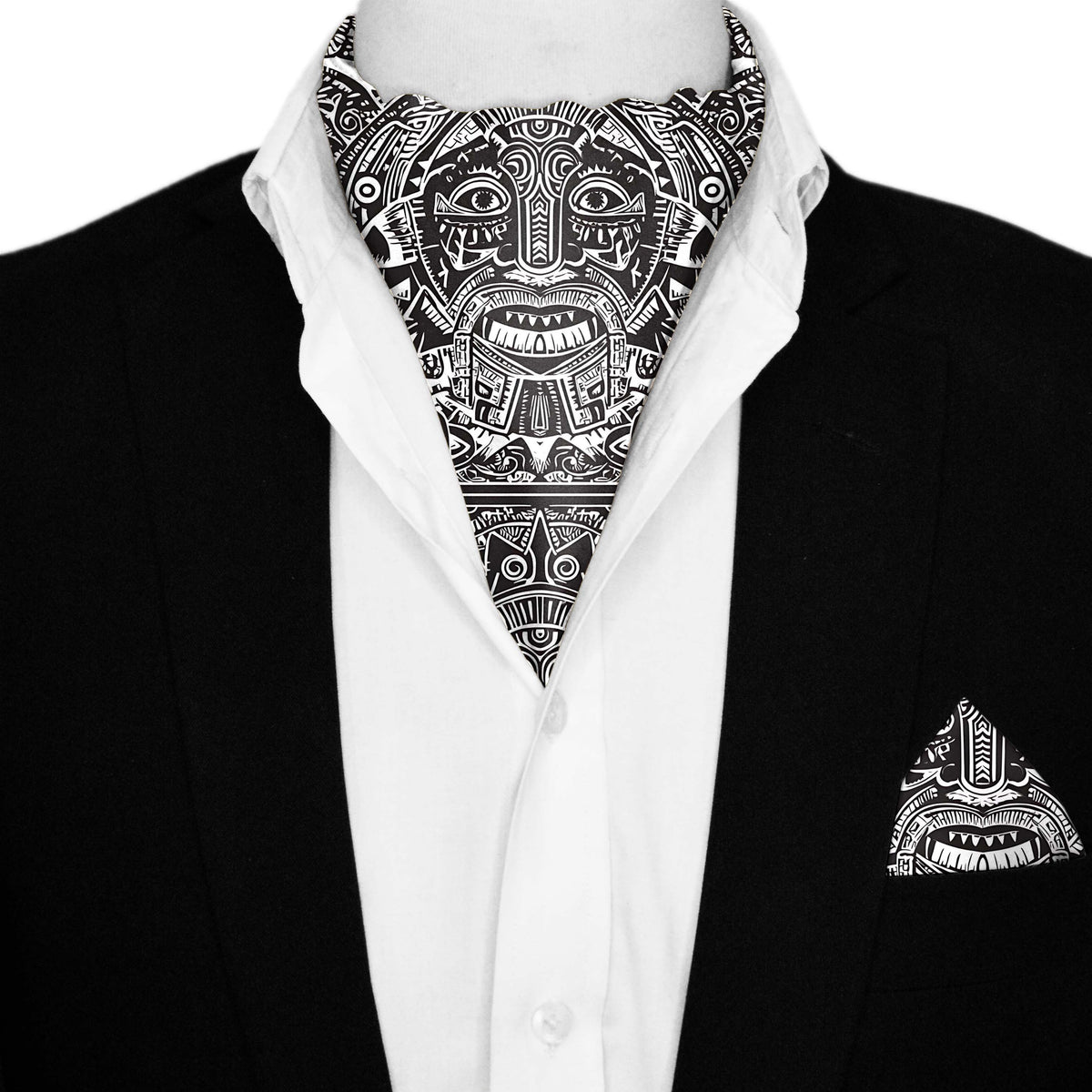 MAYAN PATTERN SILK ASCOT AND POCKET SQUARE SET – PREMIUM COLLECTION