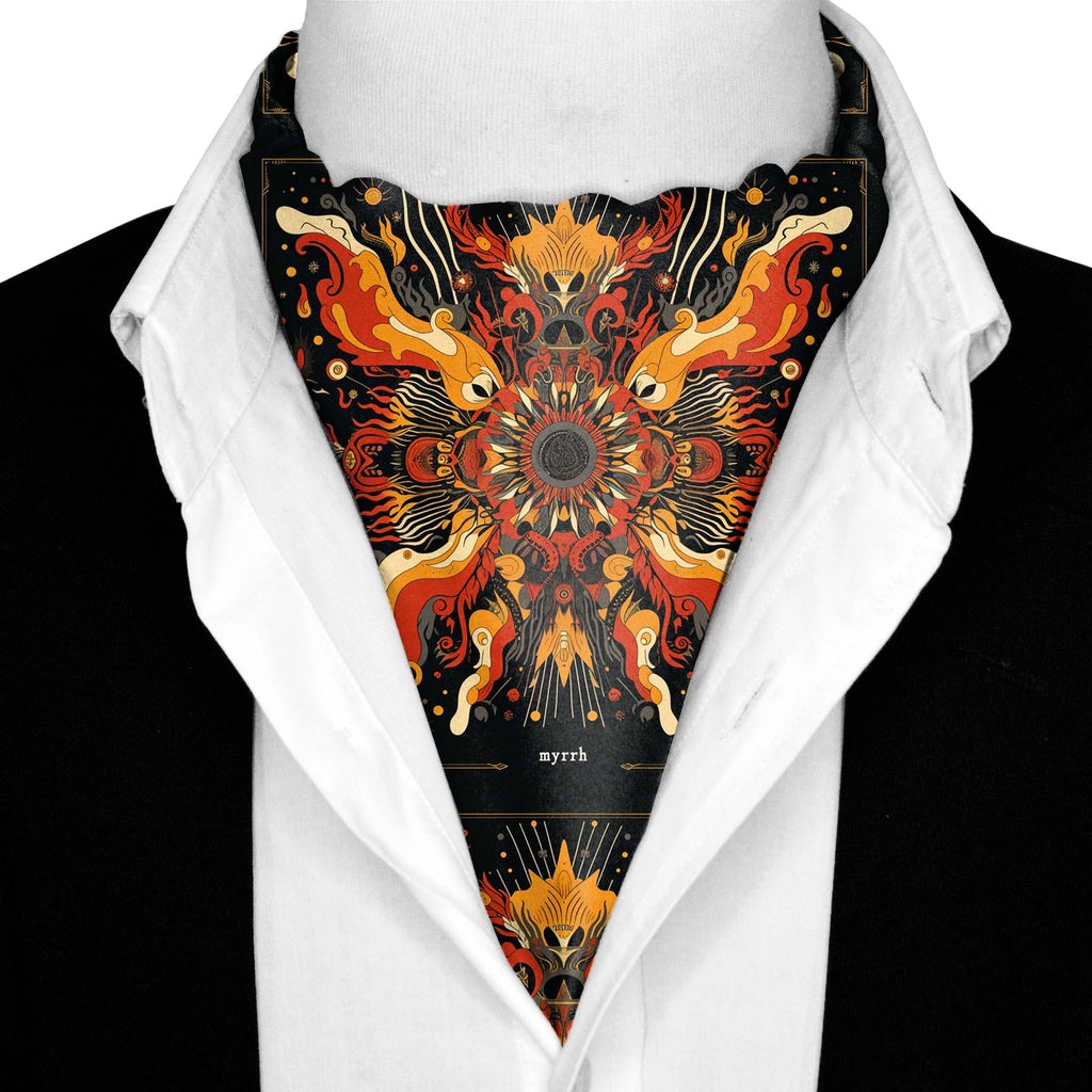 FIRE DRAGON SILK ASCOT WITH LAPEL PIN AND POCKET SQUARE