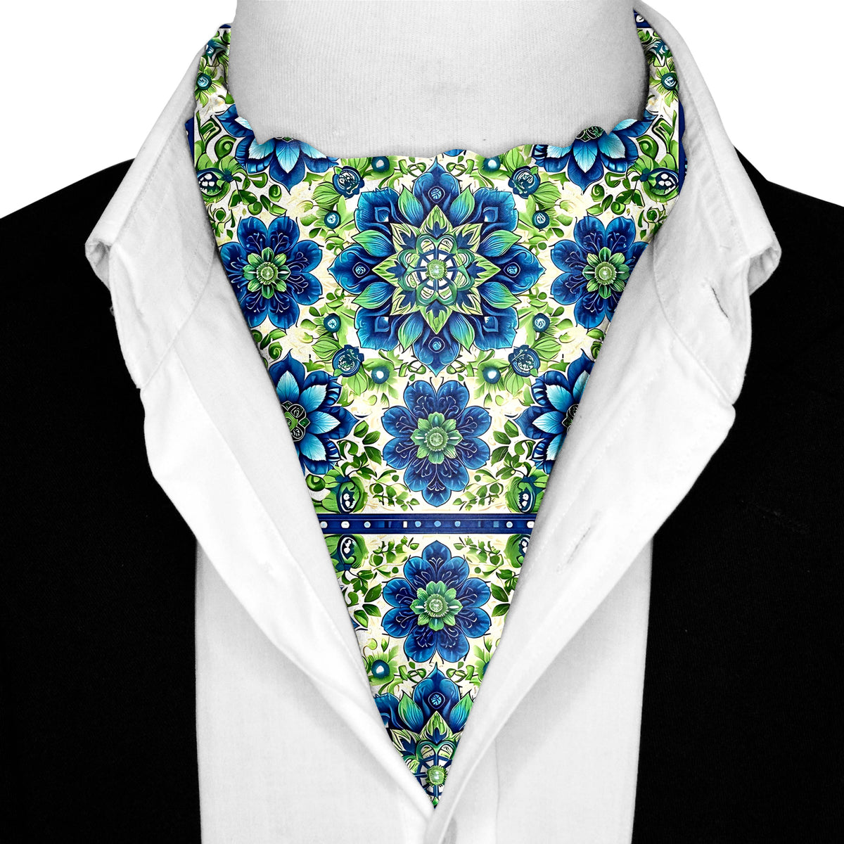 ELEGANT ABSTRACT FLORAL SILK ASCOT WITH LAPEL PIN AND POCKET SQUARE