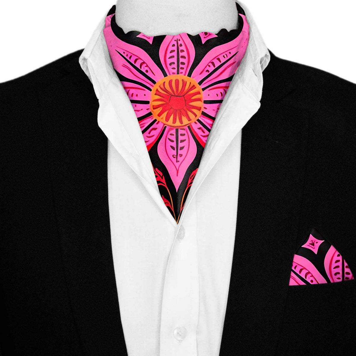 MEXICAN FLOWER  SILK ASCOT AND POCKET SQUARE SET – PREMIUM COLLECTION