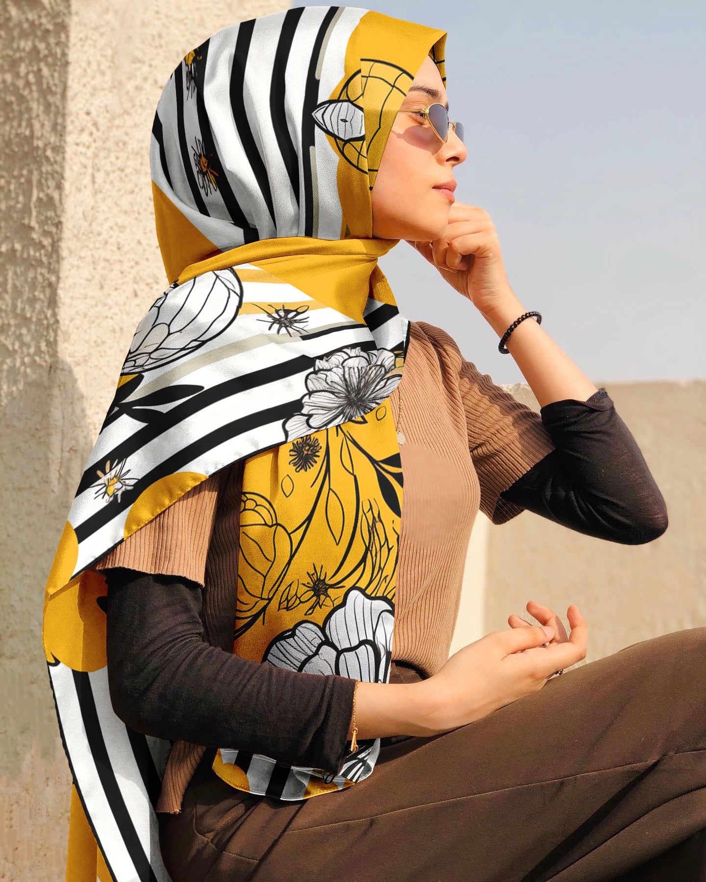 YELLOW BLACK WHITE CHEVRON SILK WOMEN HIJAB – PREMIUM COLLECTION