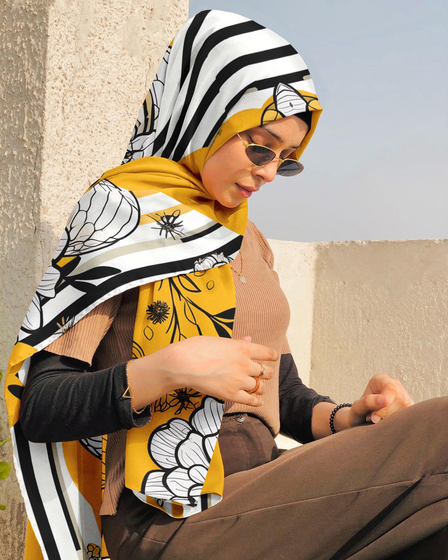 YELLOW BLACK WHITE CHEVRON SILK WOMEN HIJAB – PREMIUM COLLECTION