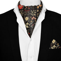 ORGANIC DARK FLORAL SILK ASCOT AND POCKET SQUARE SET – PREMIUM COLLECTION