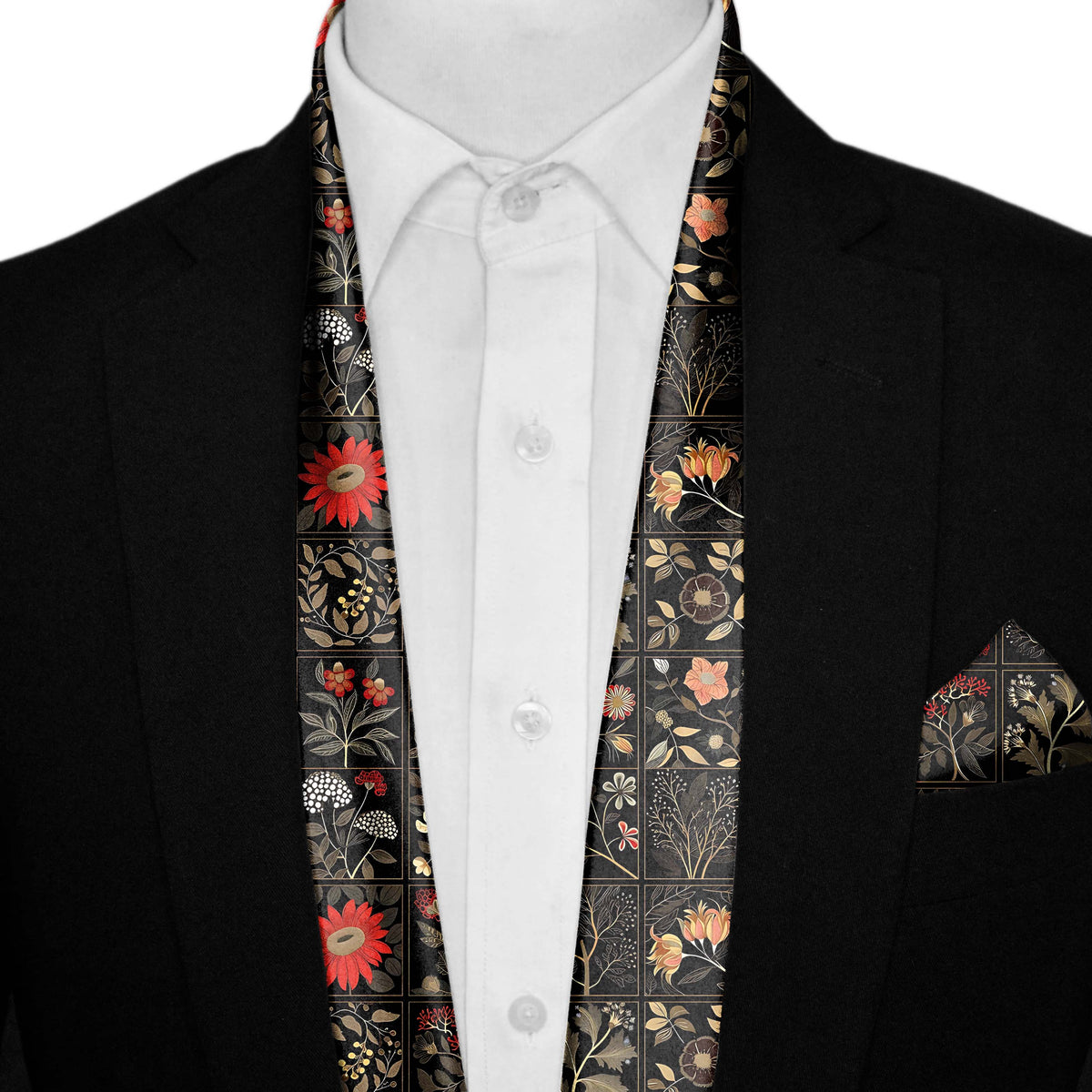 ORGANIC DARK FLORAL MEN SCARF AND POCKET SQUARE SET – PREMIUM COLLECTION