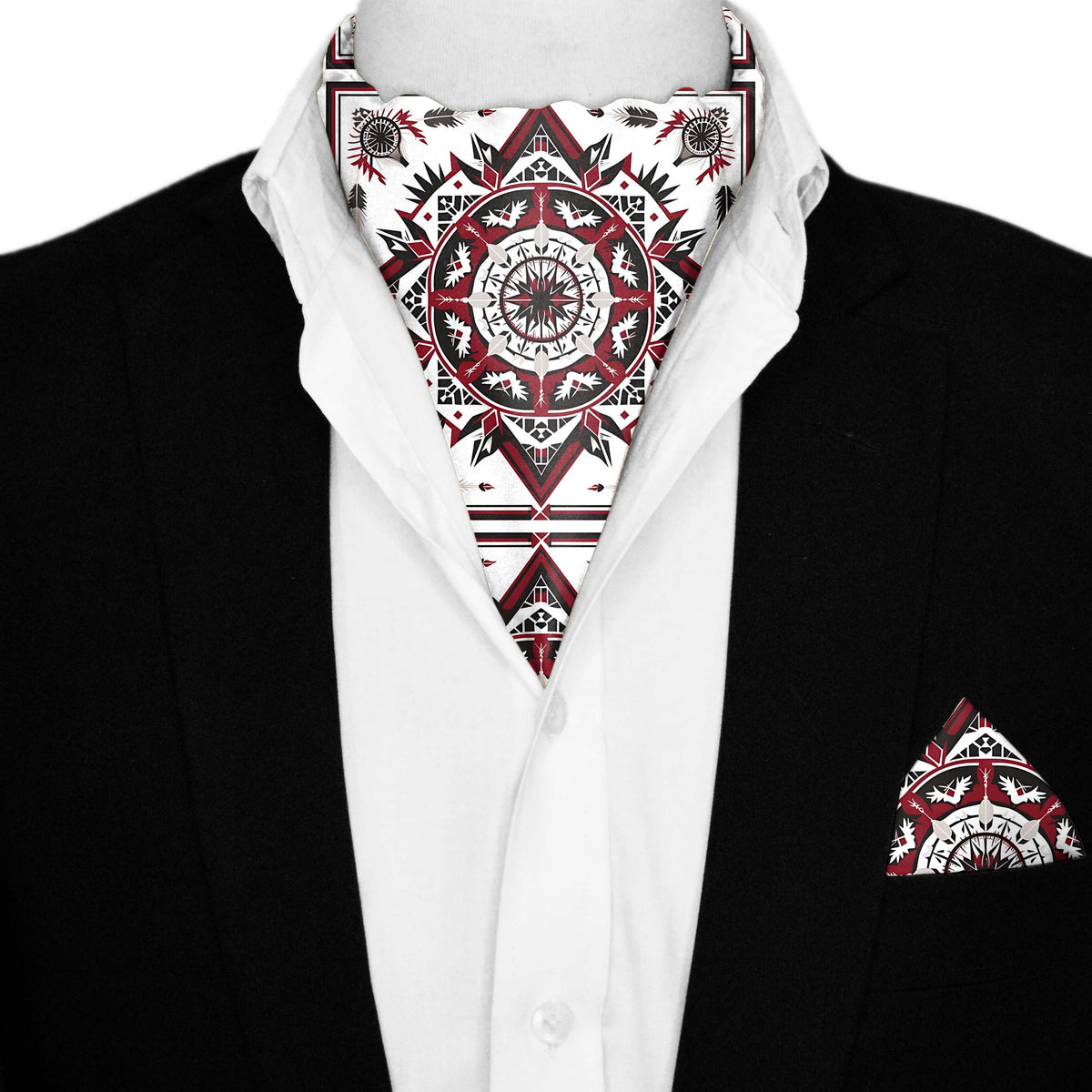 RED ALPANA DESIGN  SILK ASCOT AND POCKET SQUARE SET – PREMIUM COLLECTION