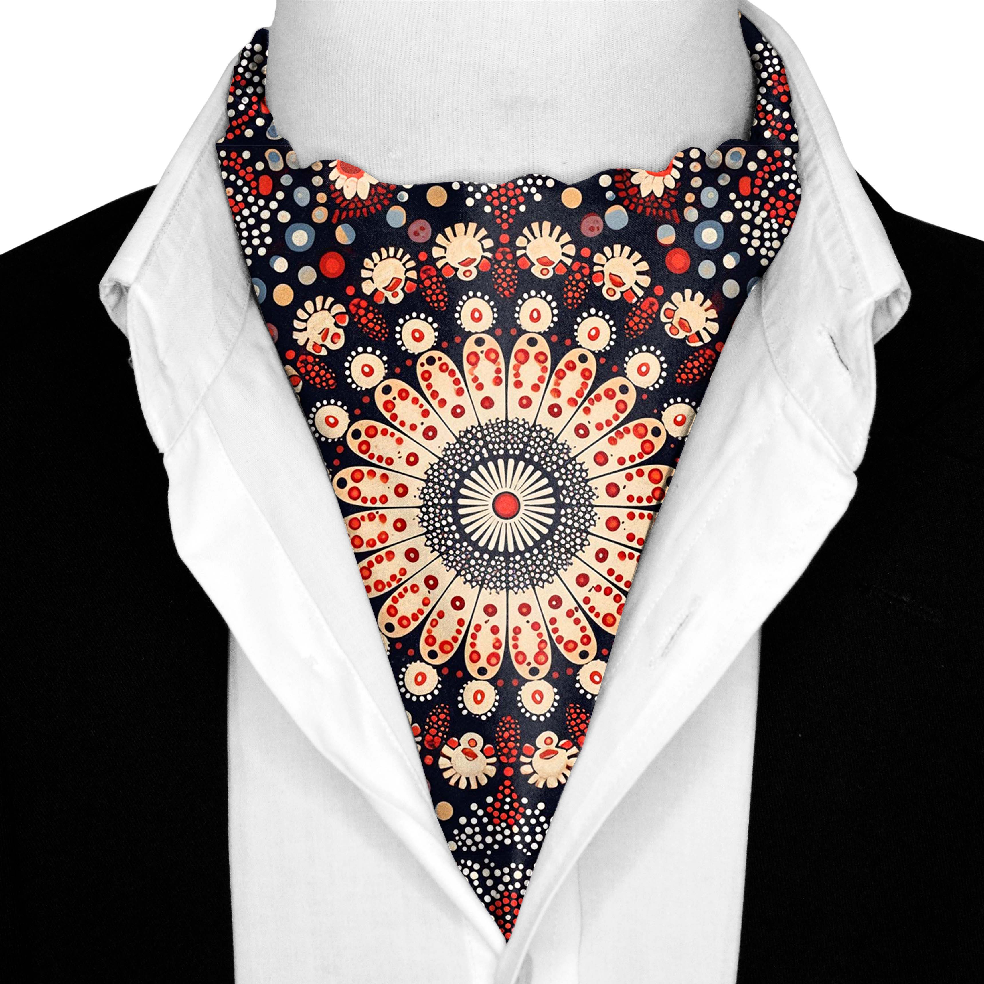 MANDALA DESIGN SILK ASCOT WITH LAPEL PIN AND POCKET SQUARE