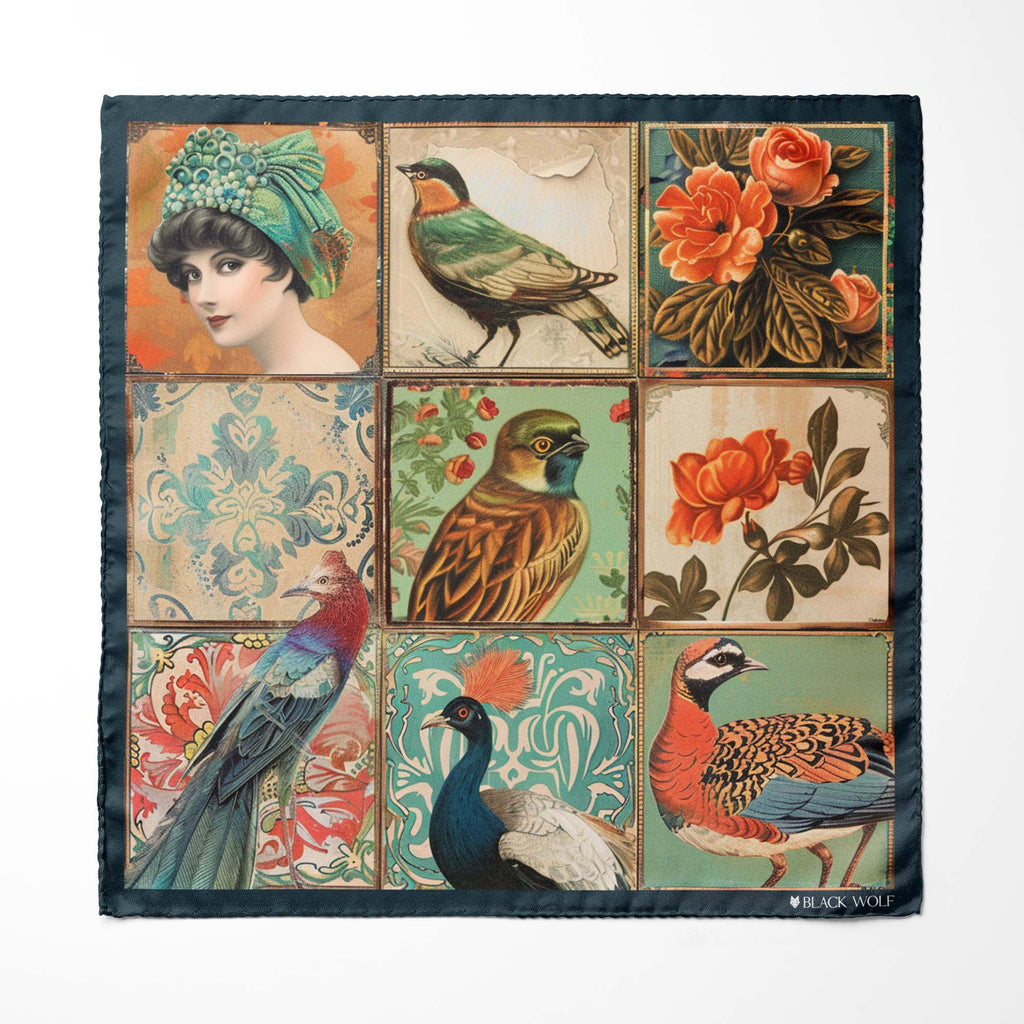 BIRD COLLAGE SILK SCARF WITH LAPEL PIN AND POCKET SQUARE
