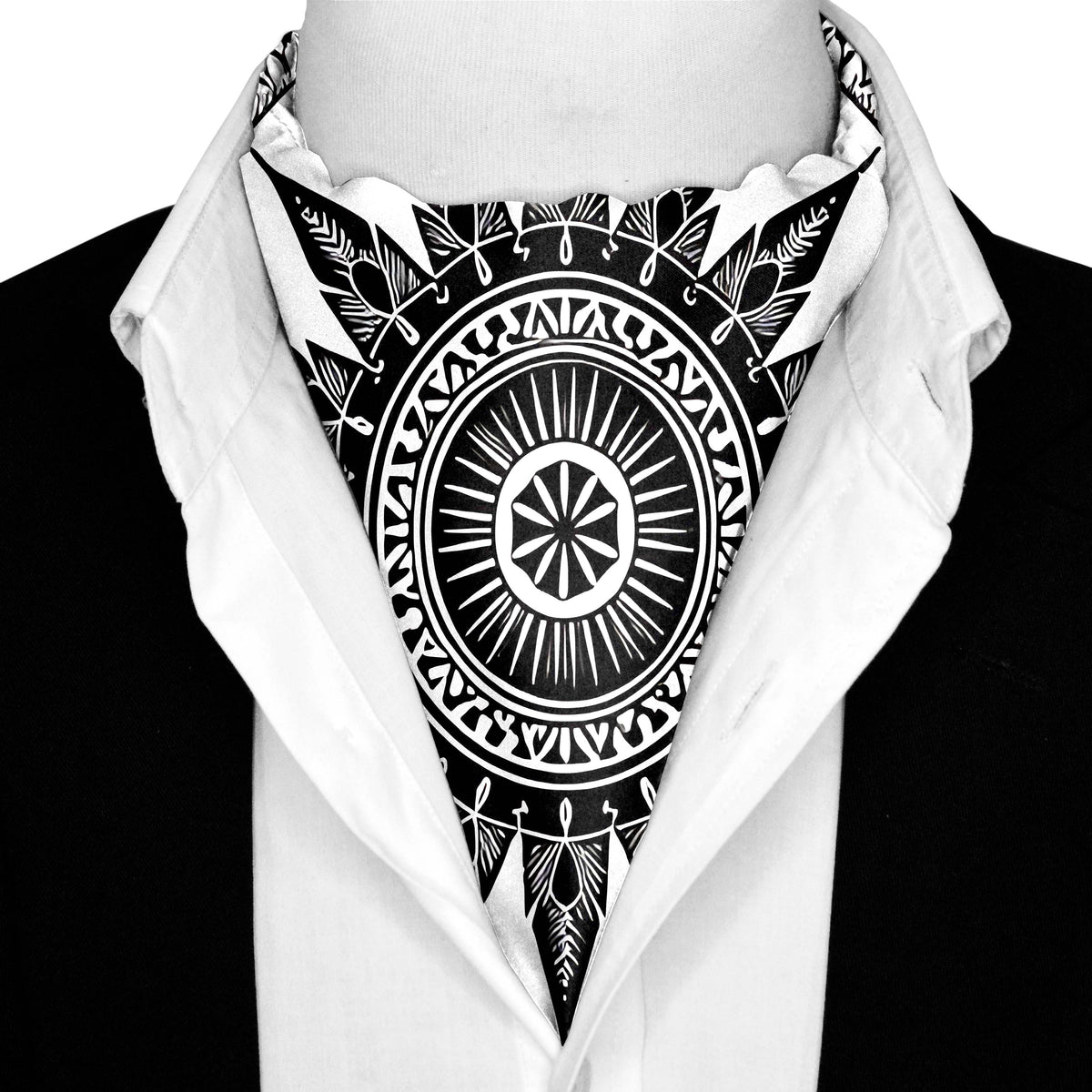 ETHNIC MANDALA SILK ASCOT WITH LAPEL PIN AND POCKET SQUARE