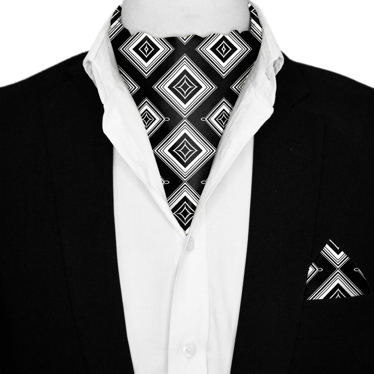 SQUARES GEOMETRIC SILK ASCOT AND POCKET SQUARE SET – PREMIUM COLLECTION