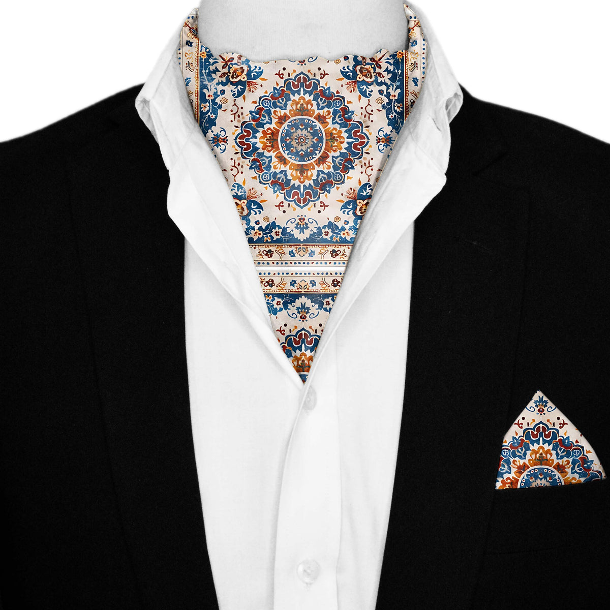 TURKMEN AFGHAN  SILK ASCOT AND POCKET SQUARE SET – PREMIUM COLLECTION