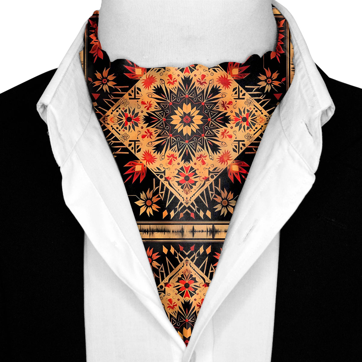 FLORAL ETHNIC ORIENTAL SILK ASCOT WITH LAPEL PIN AND POCKET SQUARE