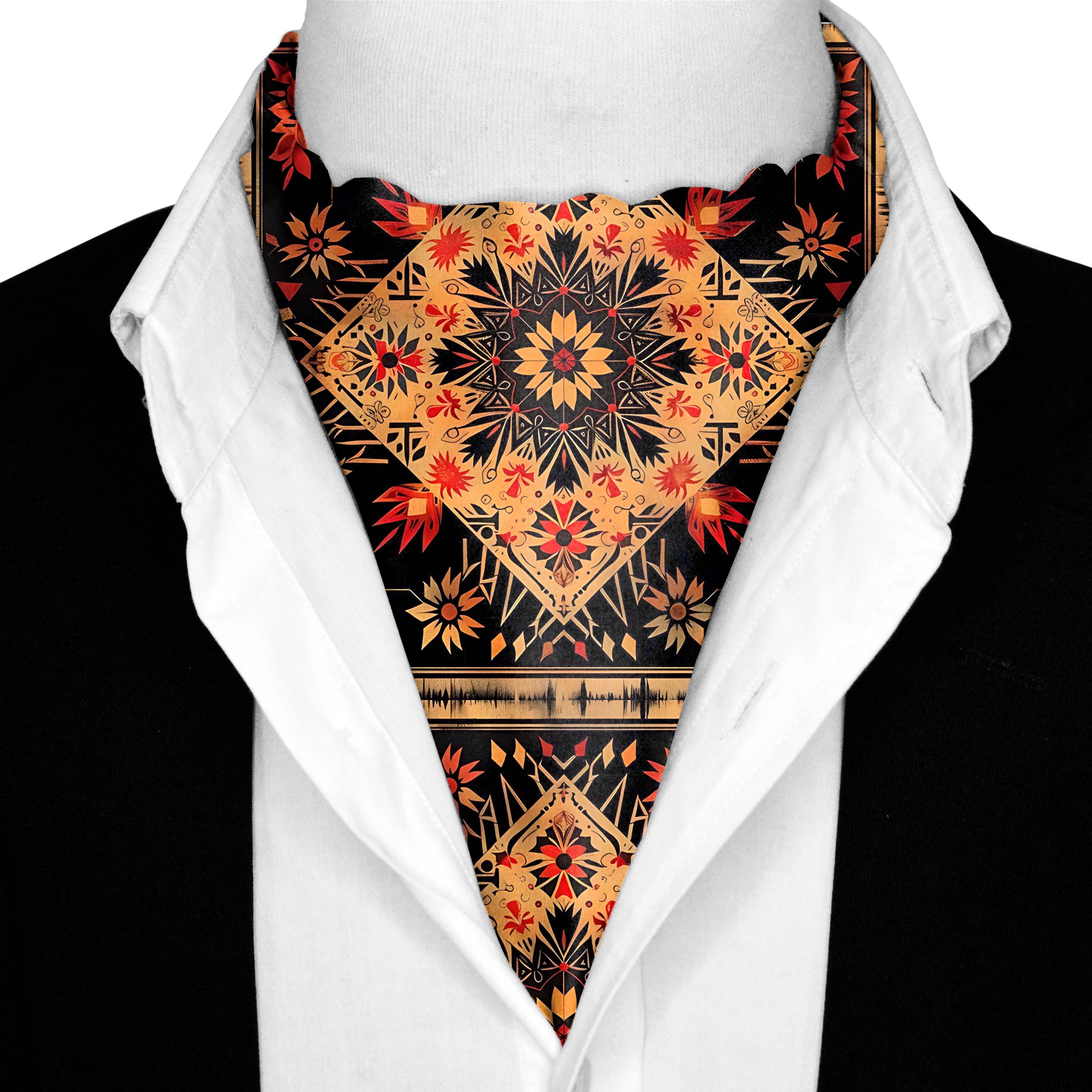 FLORAL ETHNIC ORIENTAL SILK ASCOT AND POCKET SQUARE SET – PREMIUM COLLECTION