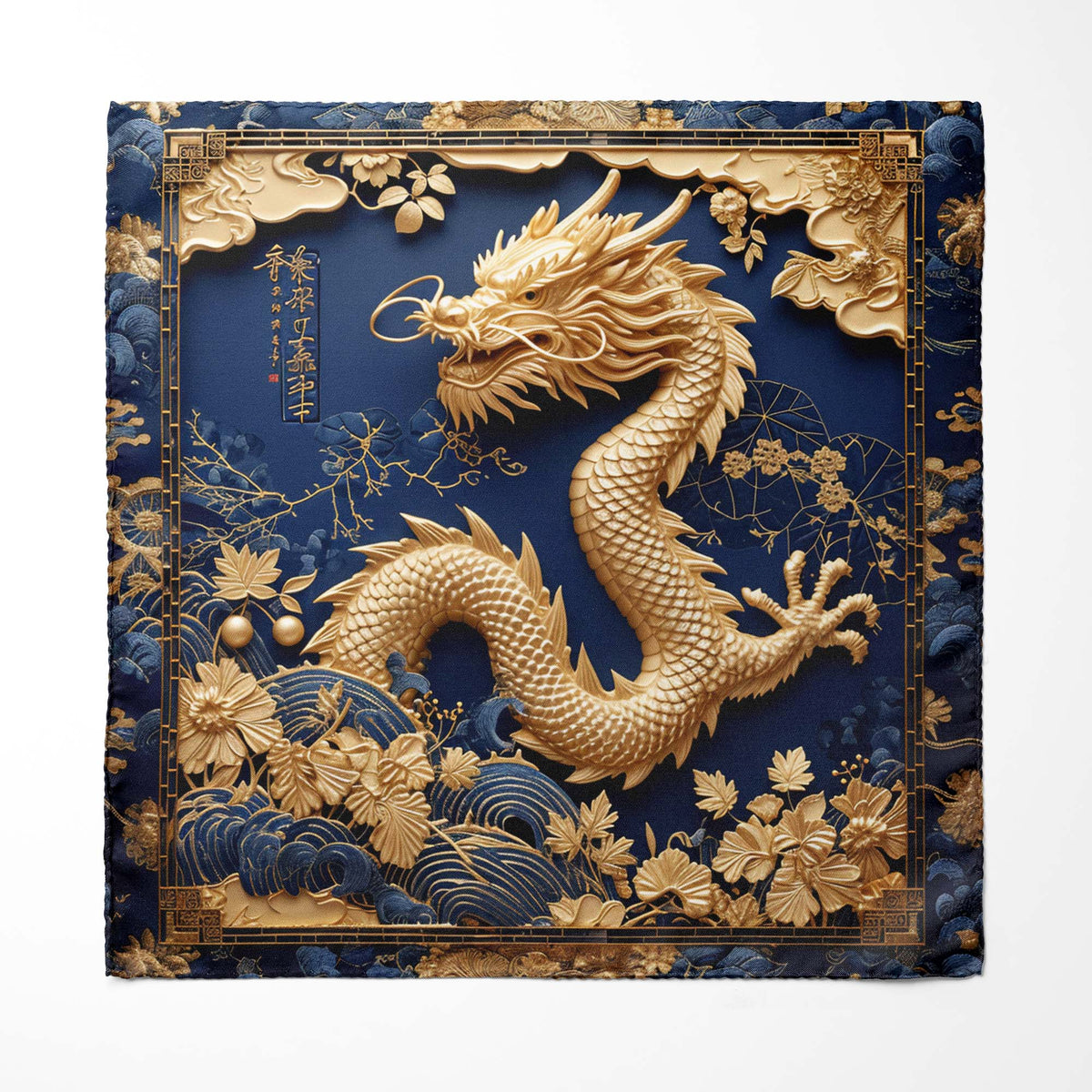GOLD DRAGON SILK ASCOT WITH LAPEL PIN AND POCKET SQUARE