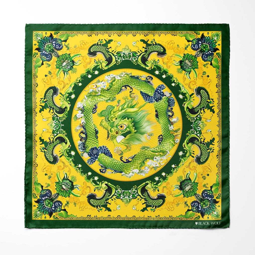 CHINESE DRAGON SILK ASCOT WITH LAPEL PIN AND POCKET SQUARE