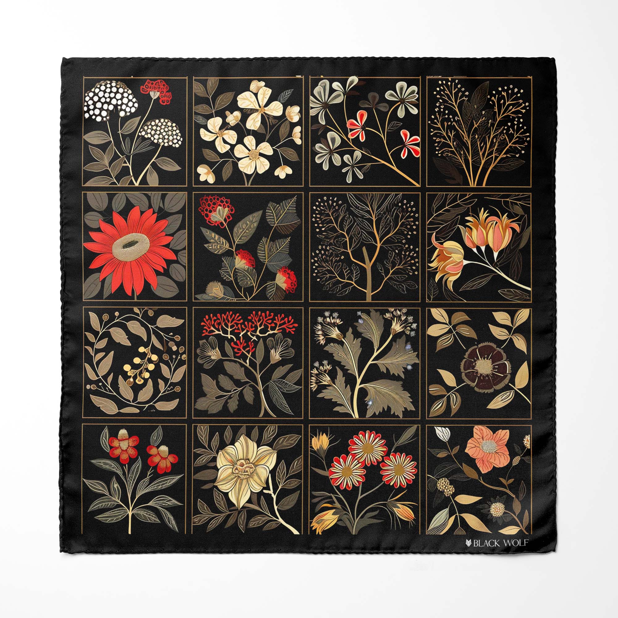 ORGANIC DARK FLORAL SILK ASCOT AND POCKET SQUARE SET – PREMIUM COLLECTION