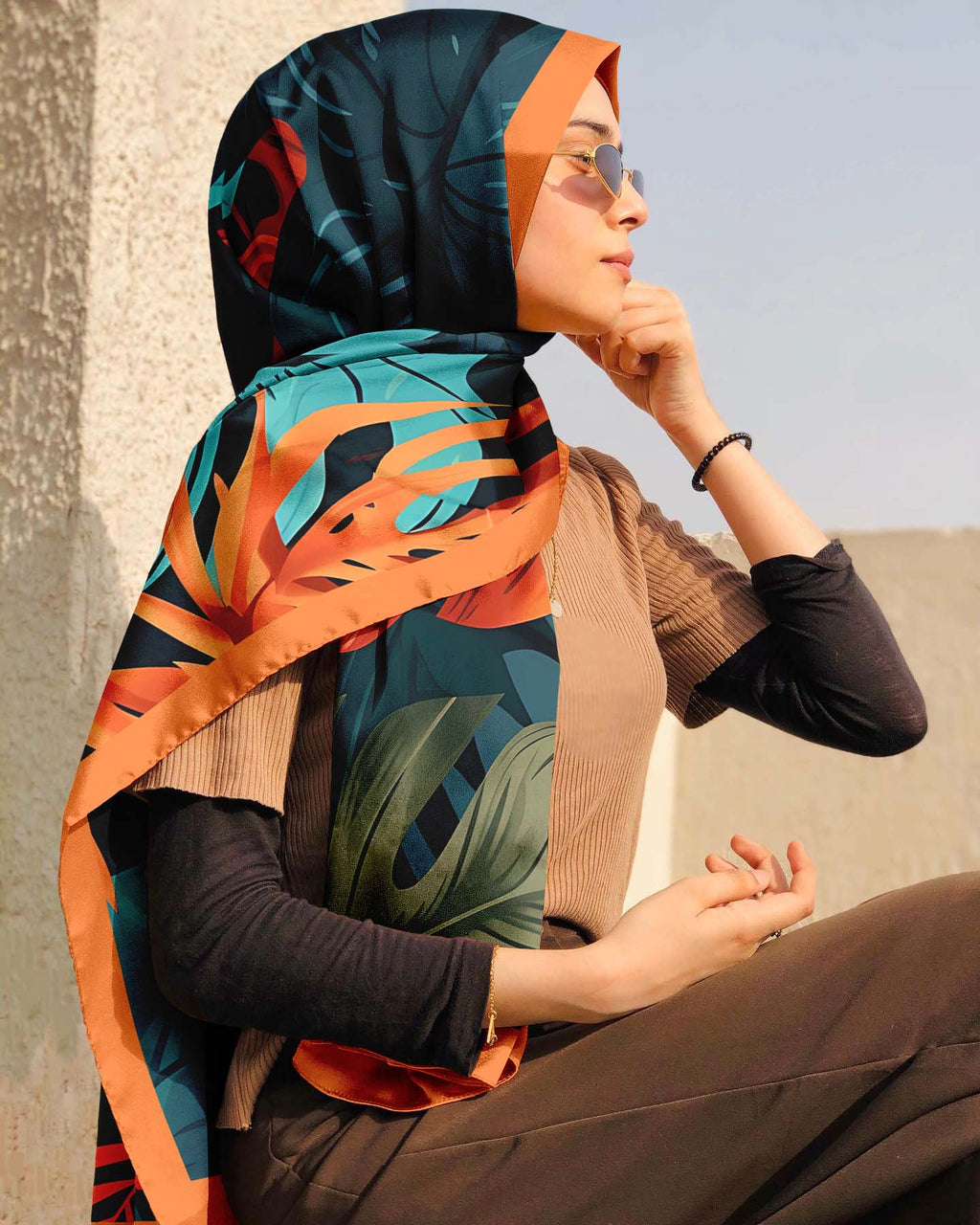 DARK LEAVES PATTERN SILK WOMEN HIJAB - PREMIUM COLLECTION