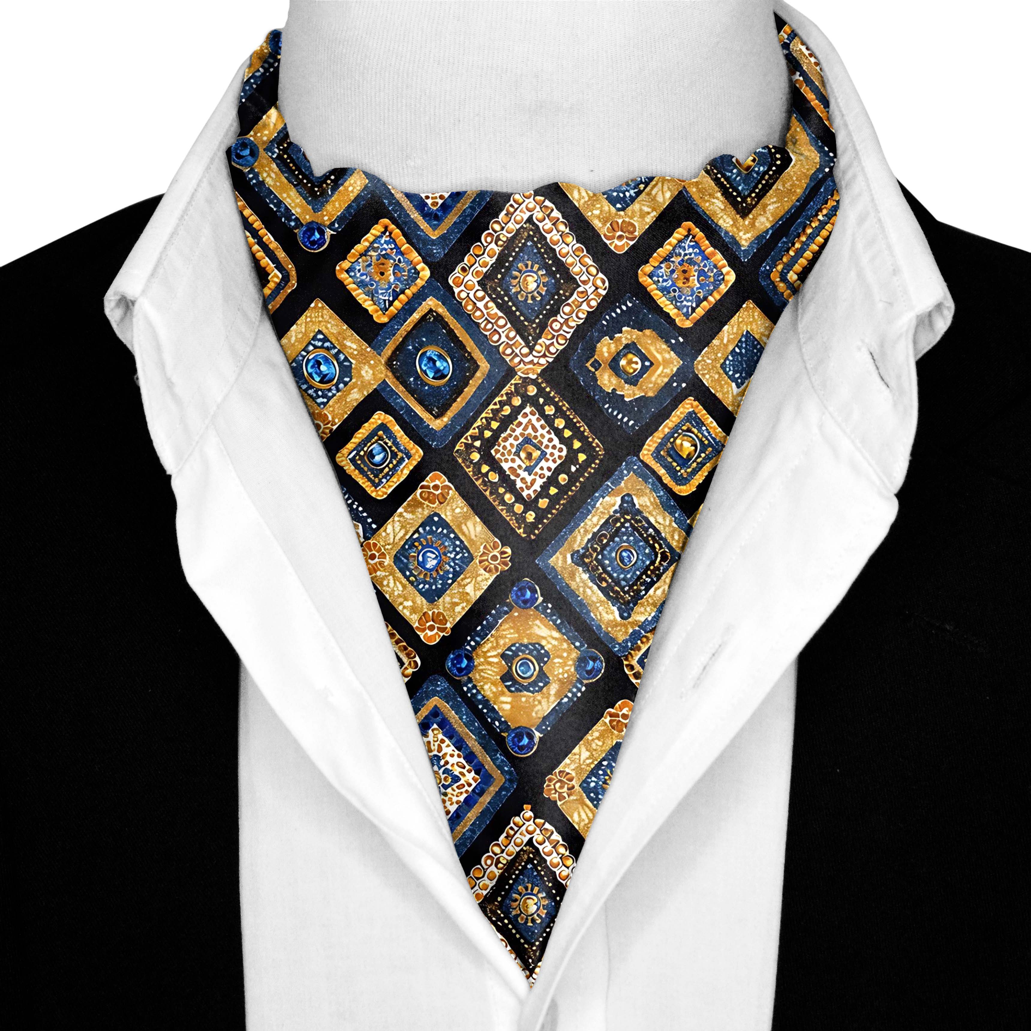 GEOMETRIC ETHNIC SILK ASCOT AND POCKET SQUARE SET – PREMIUM COLLECTION