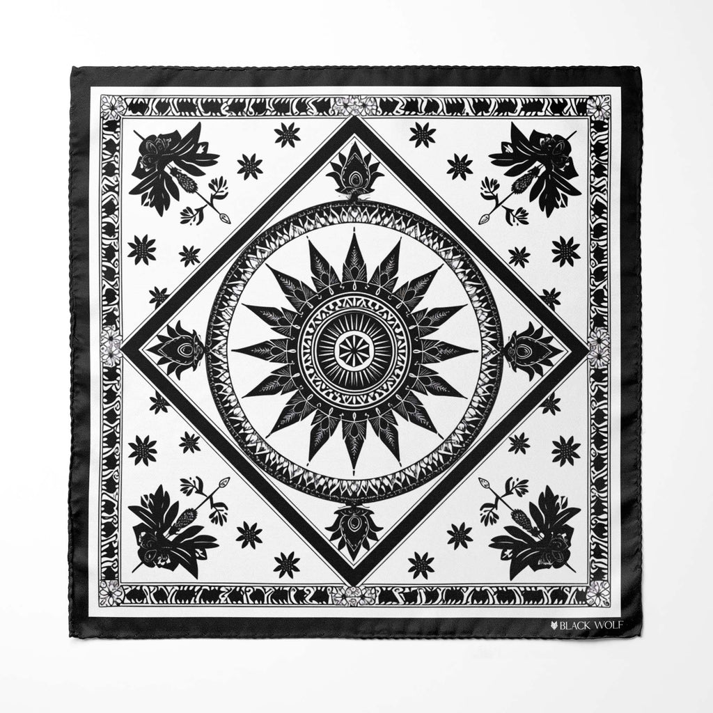 ETHNIC MANDALA SILK ASCOT WITH LAPEL PIN AND POCKET SQUARE