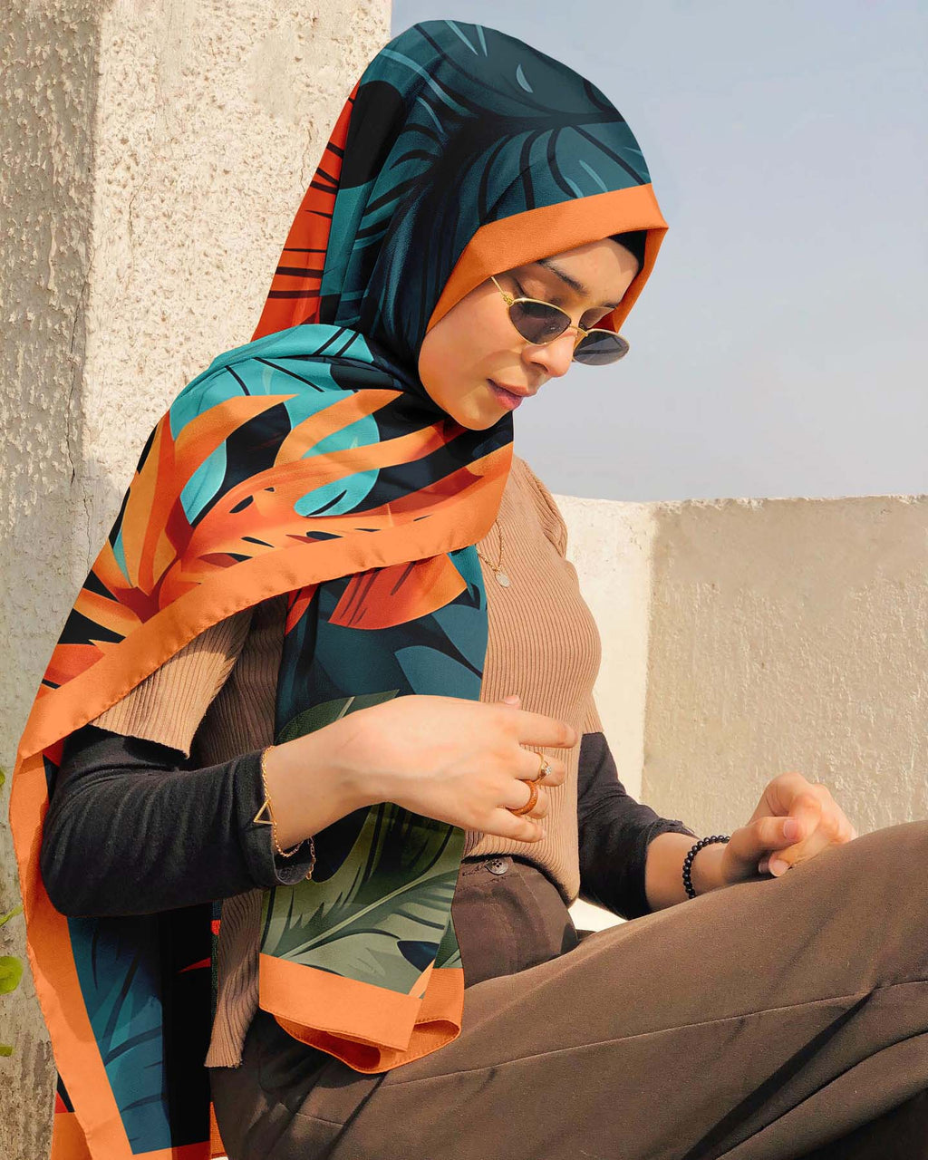 DARK LEAVES PATTERN SILK WOMEN HIJAB - PREMIUM COLLECTION