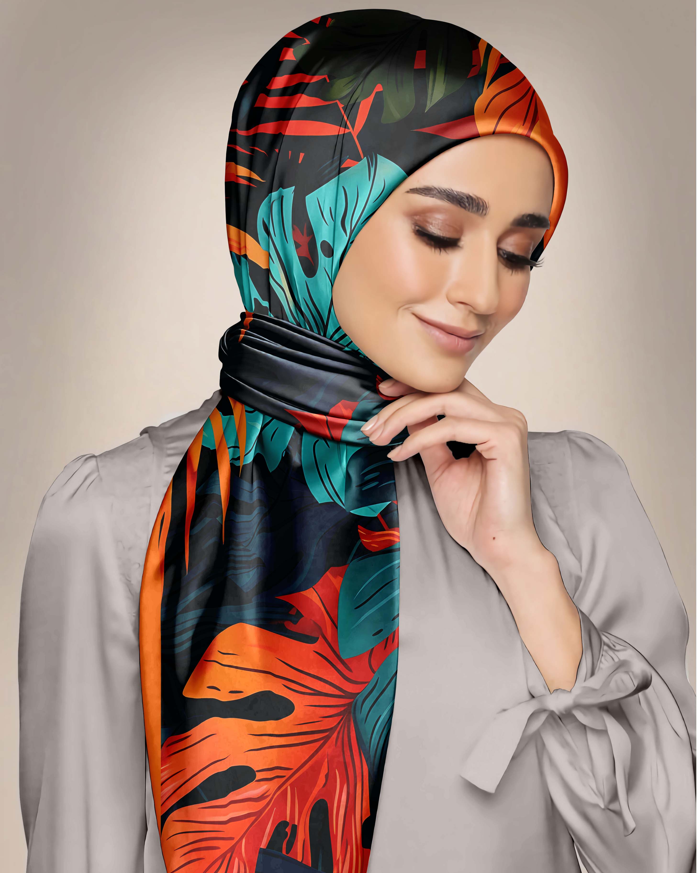 DARK LEAVES PATTERN SILK WOMEN HIJAB - PREMIUM COLLECTION