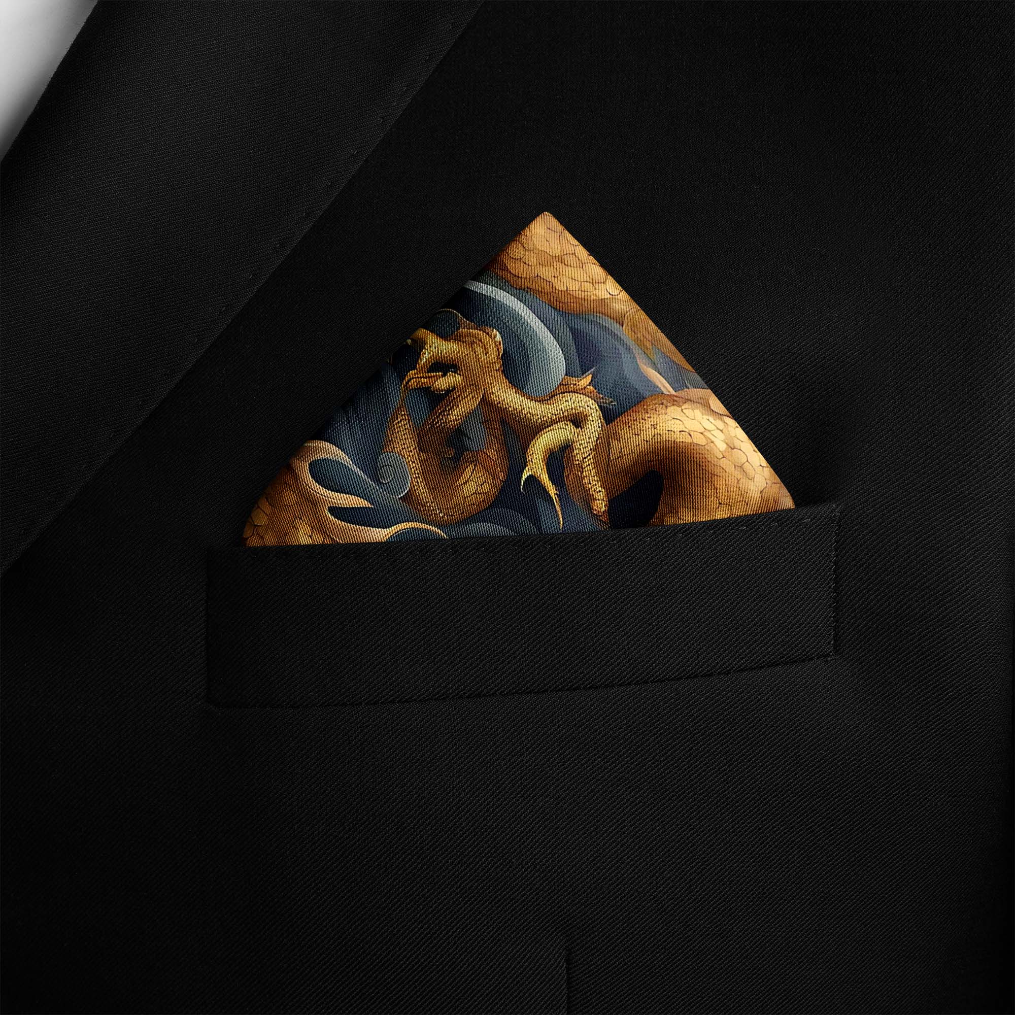 GORGEOUS CHINESE DRAGON SILK POCKET SQUARE