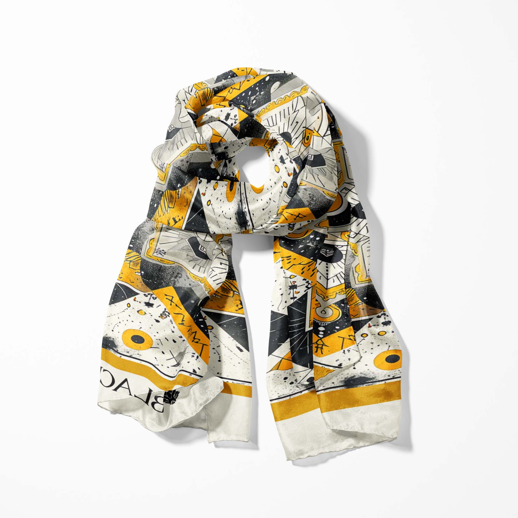 ETHNIC ABSTRACT SILK SCARF WITH LAPEL PIN AND POCKET SQUARE