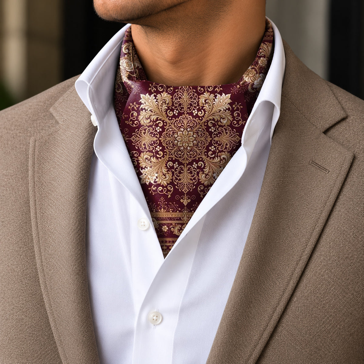 BURGUNDY BAROQUE BLOOM SILK ASCOT – PREMIUM COLLECTION