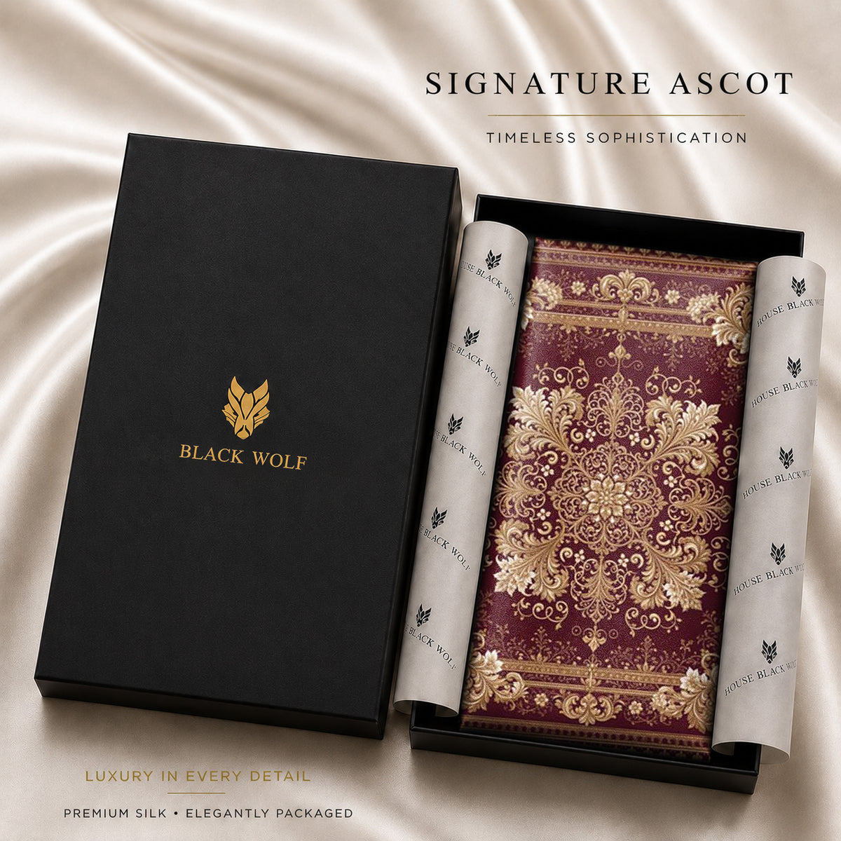 BURGUNDY BAROQUE BLOOM SILK ASCOT – PREMIUM COLLECTION