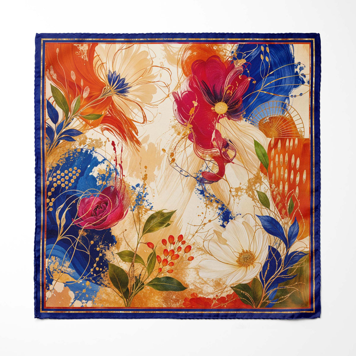 COBALT EMBER BLOSSOM SILK POCKET SQUARE