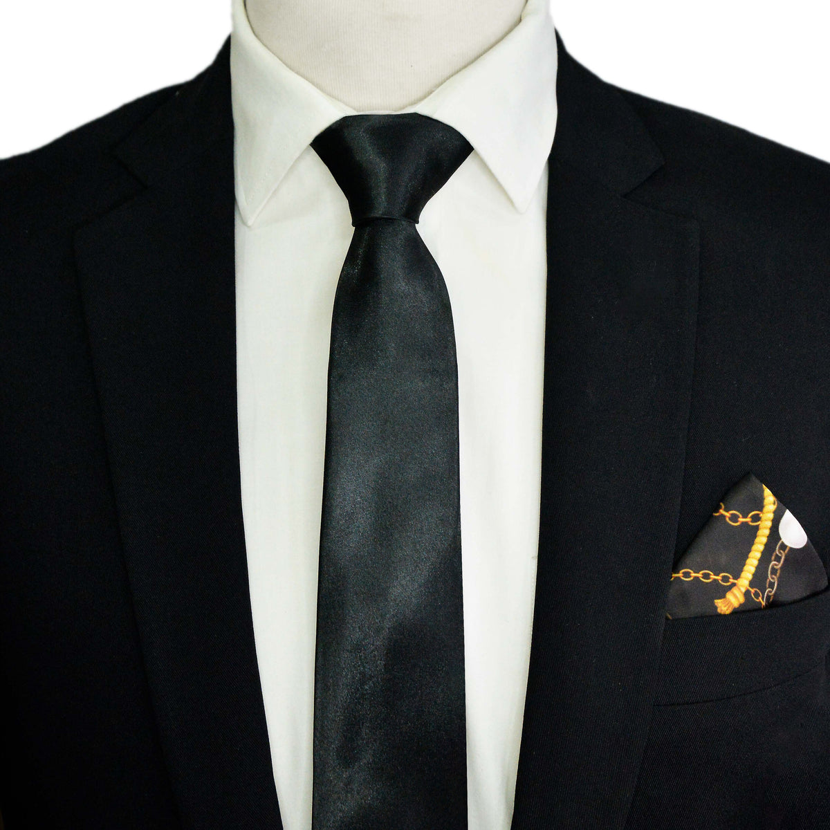 JET BLACK NECKTIE AND POCKET SQUARE SET