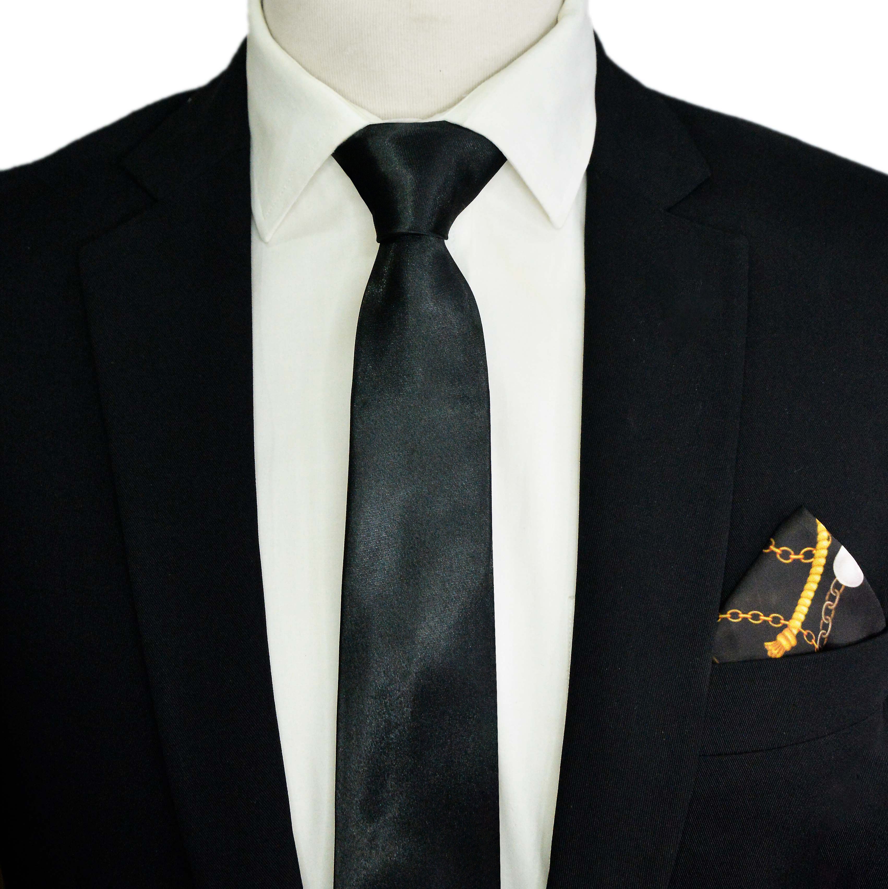 JET BLACK TIE WITH LAPEL PIN AND POCKET SQUARE