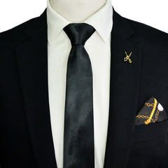 JET BLACK TIE WITH LAPEL PIN AND POCKET SQUARE