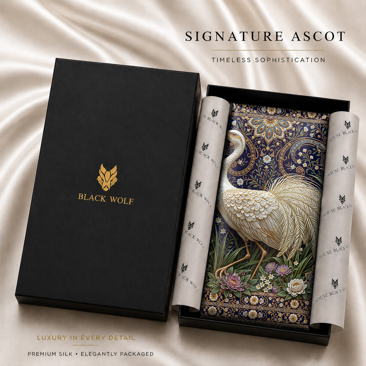 IVORY CRANE SILK ASCOT – PREMIUM COLLECTION