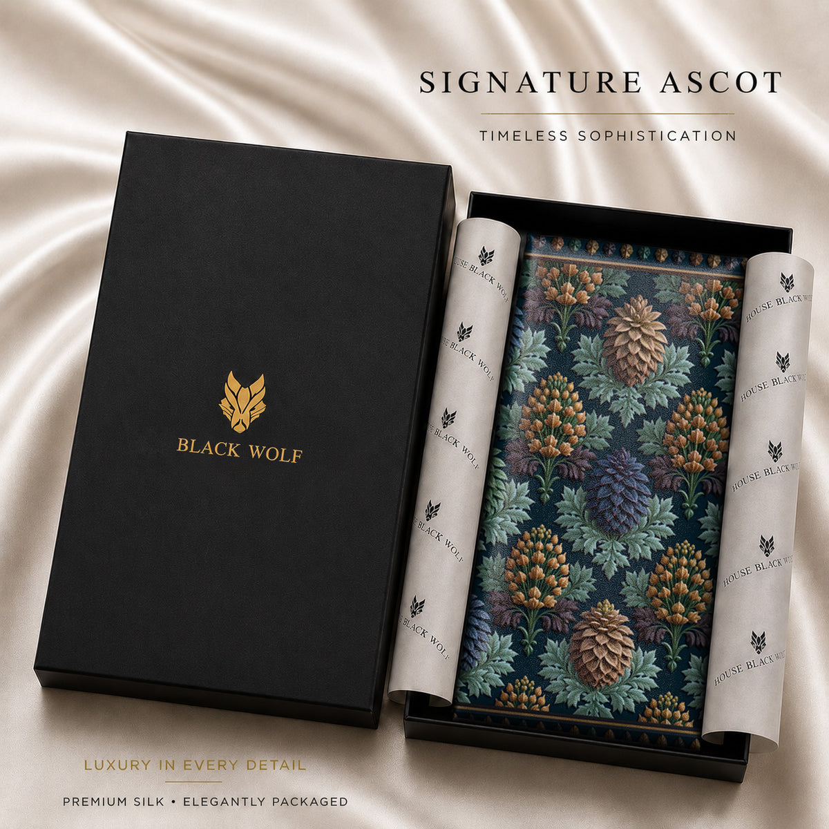 MIDNIGHT BOTANICA SILK ASCOT – PREMIUM COLLECTION